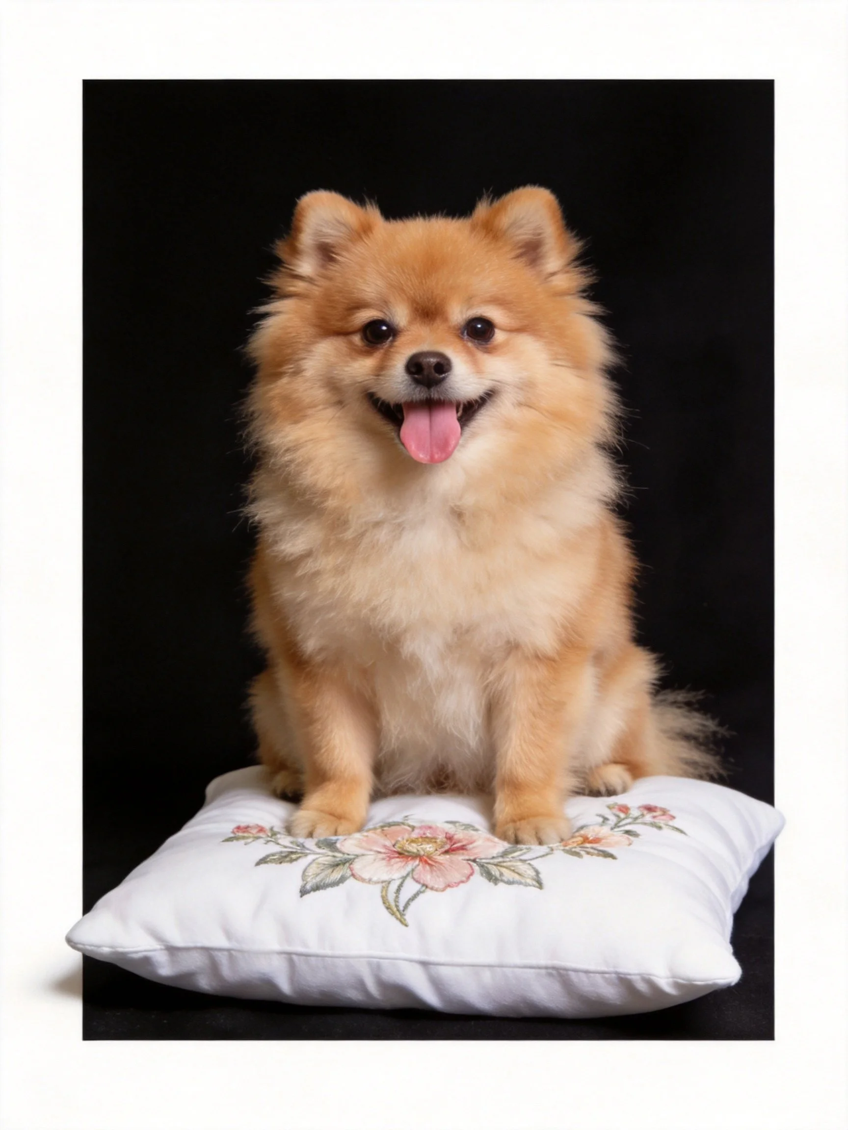 Tan Pomeranian sits cheerfully on white floral pillow