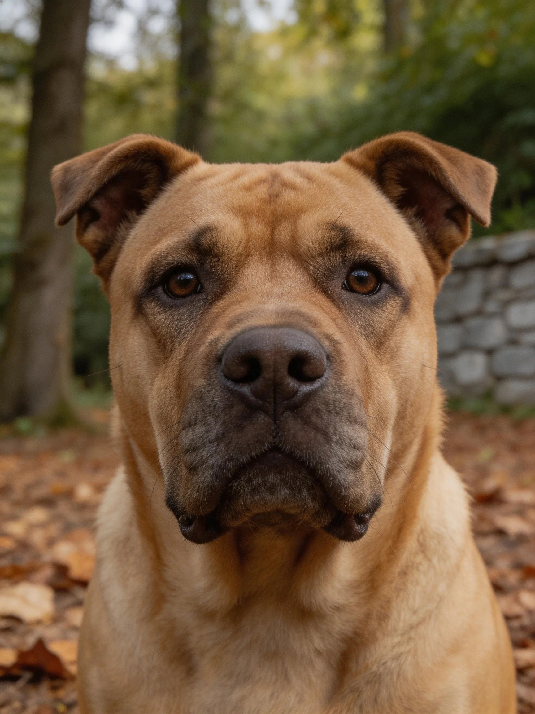 Tan Shar Pei dog with brown eyes in autumn forest setting
