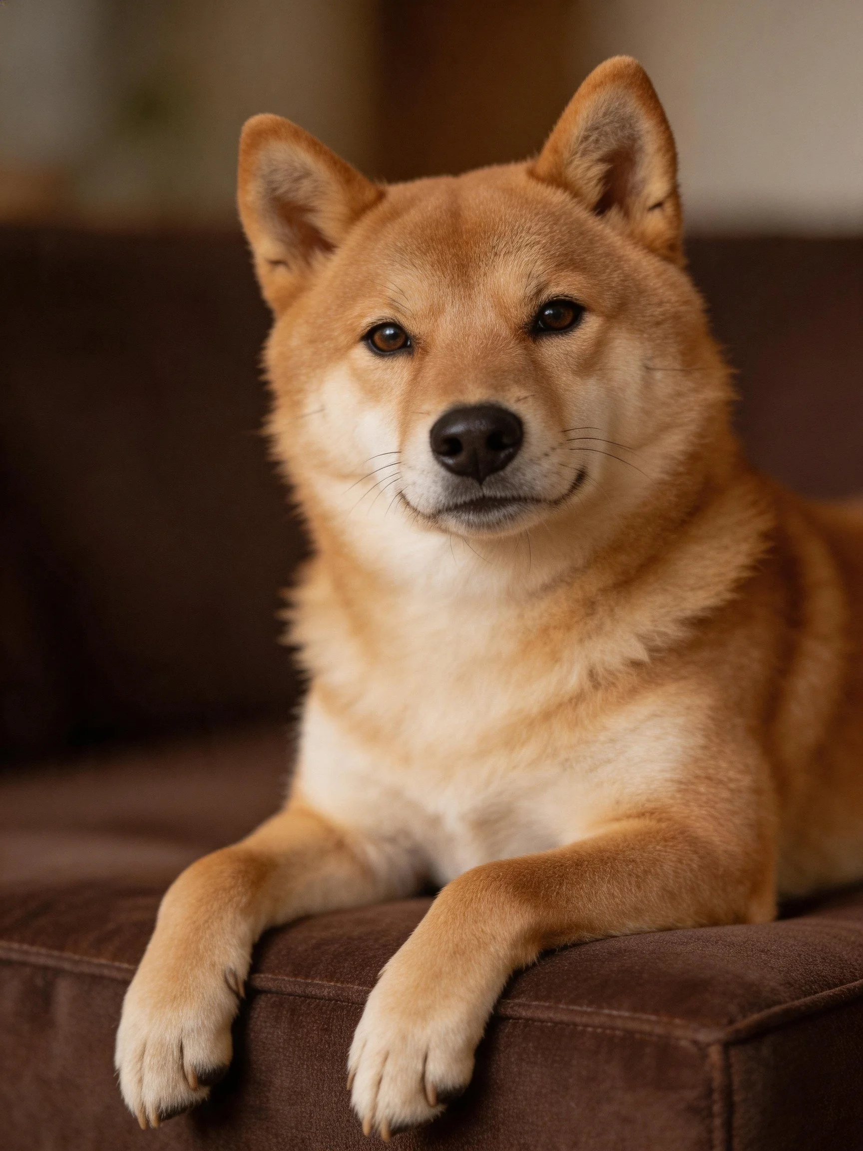 Tan Shiba Inu resting on a brown couch with perked ears