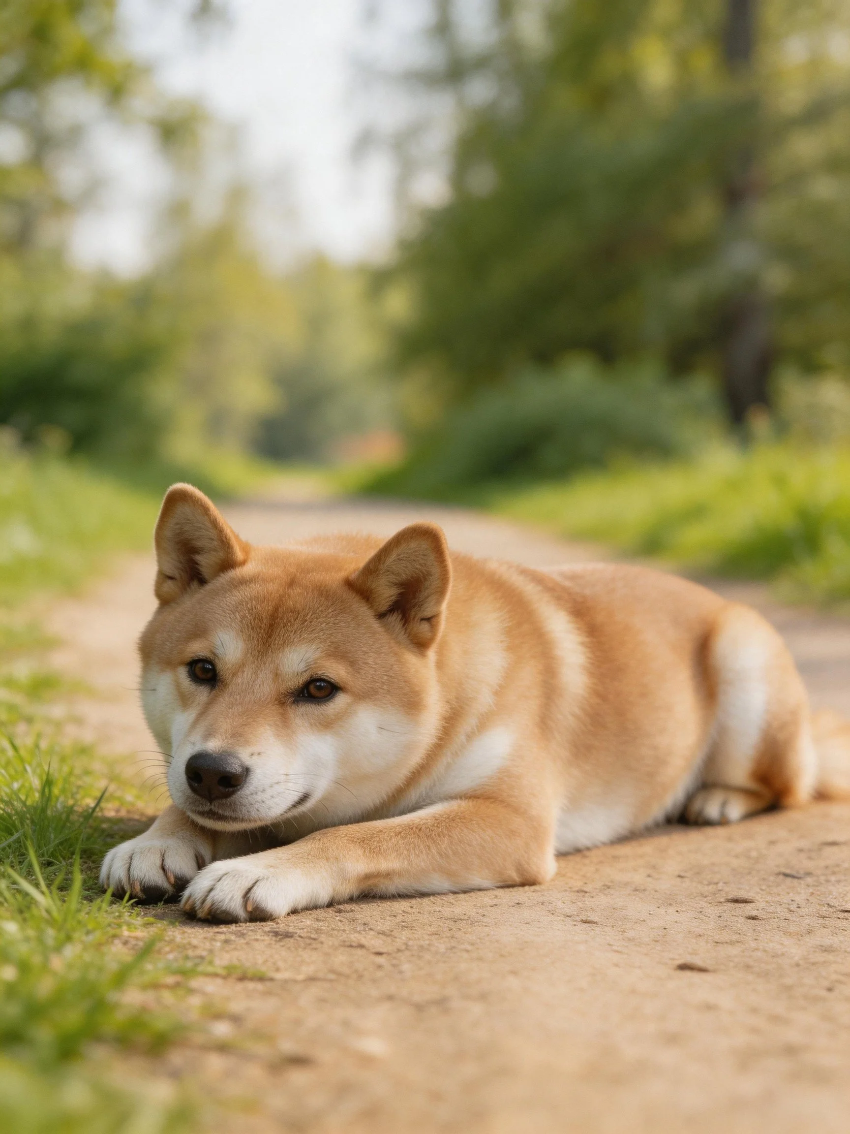 Tan Shiba Inu resting on dirt path near grassy edge