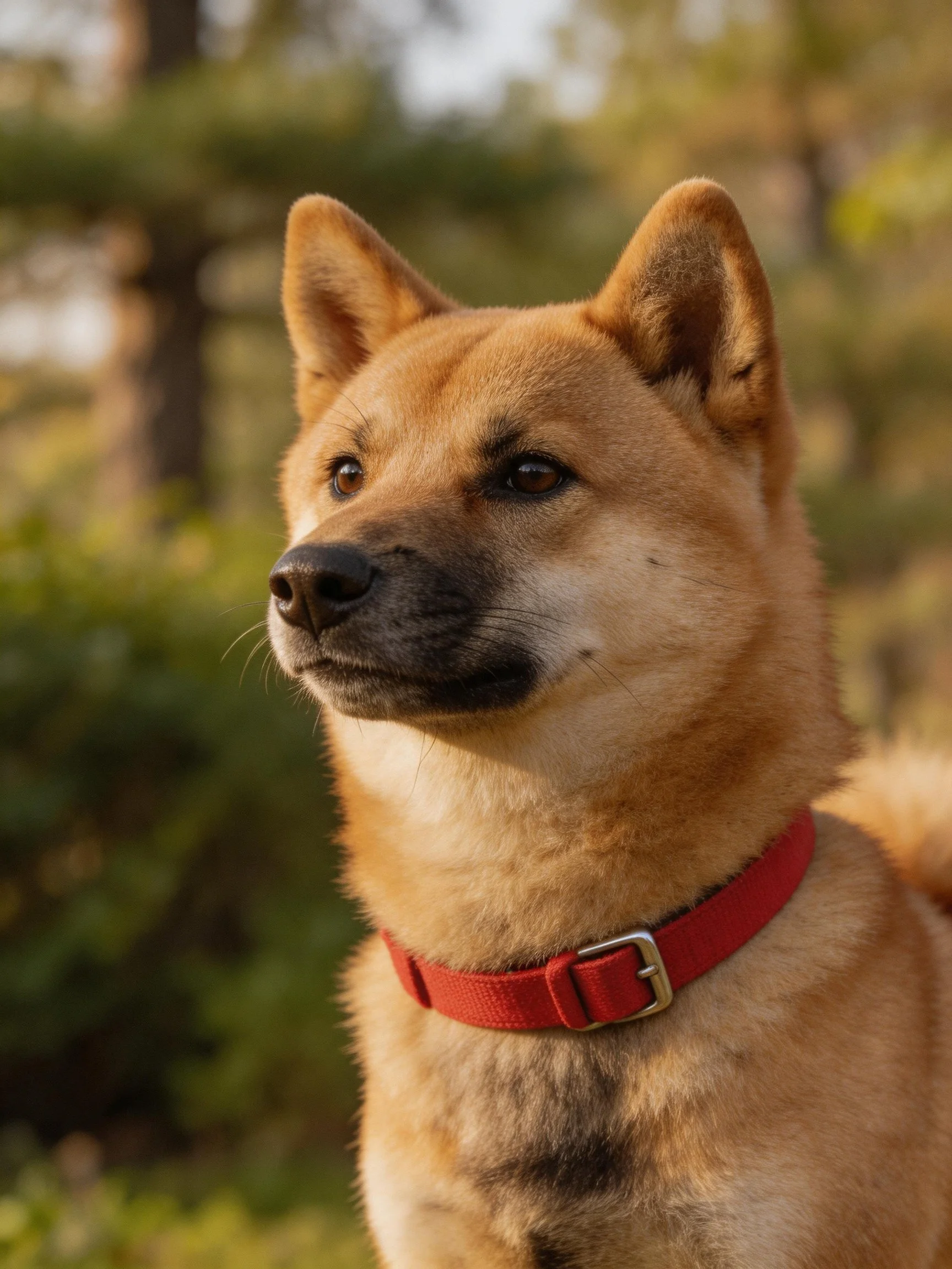 Tan Shiba Inu with red collar in a wooded area