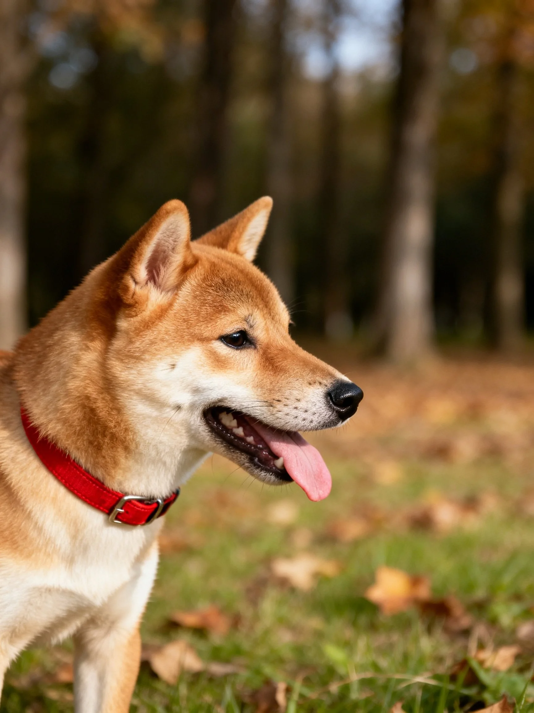 Tan Shiba Inu with red collar in autumn forest