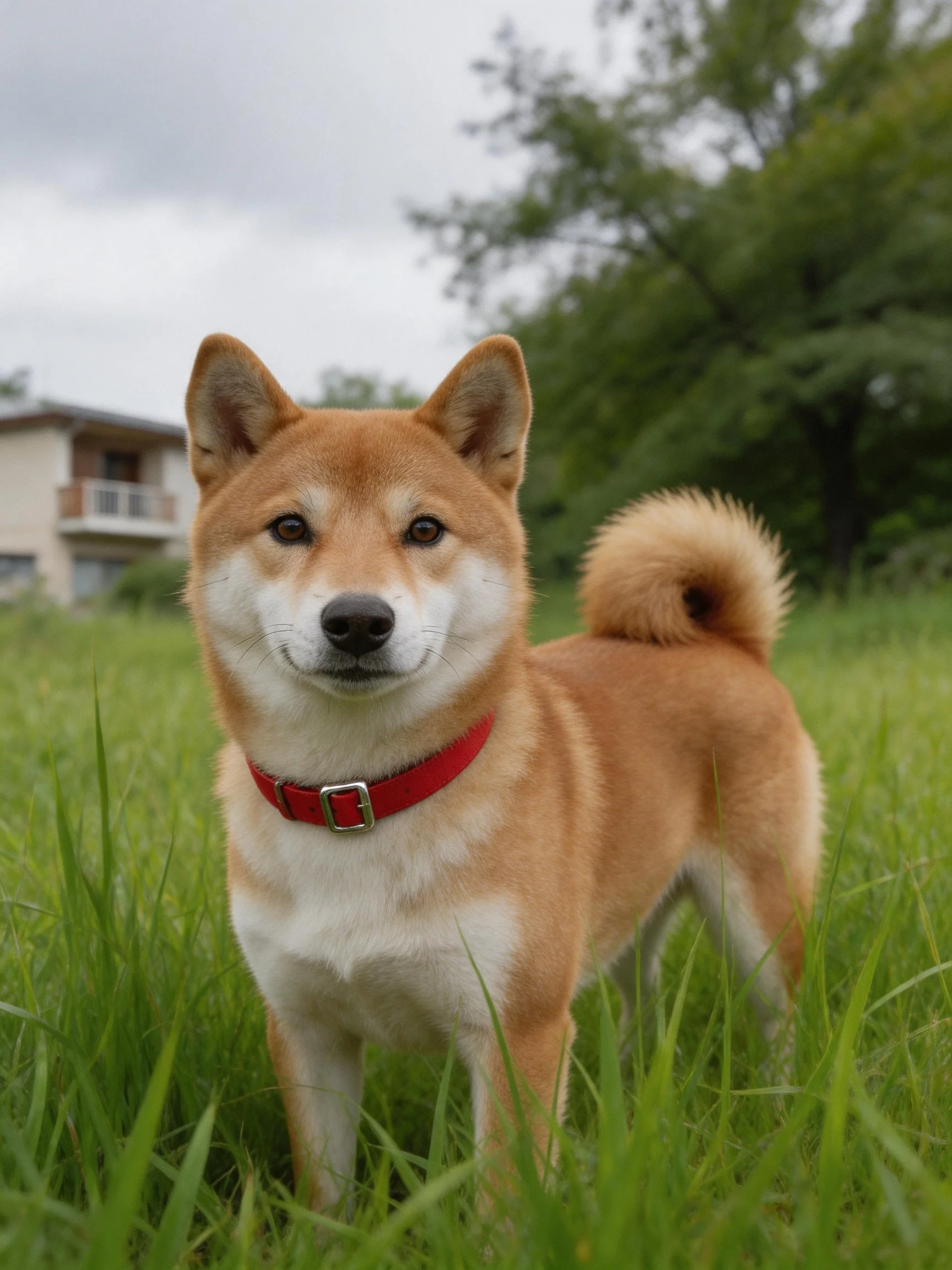 Tan Shiba Inu with red collar in tall green grass near a house