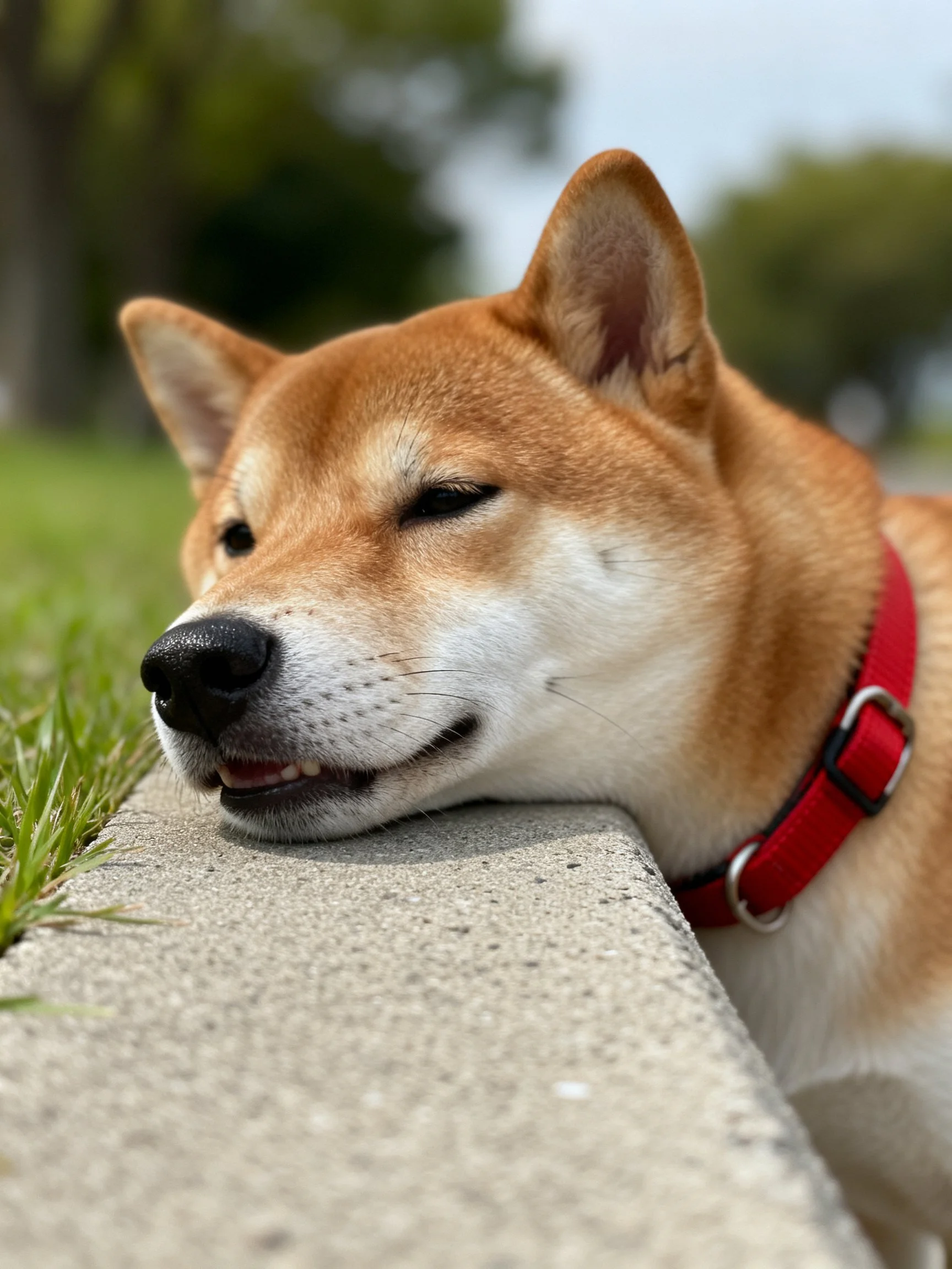 Tan Shiba Inu with red collar rests head on concrete ledge by grass