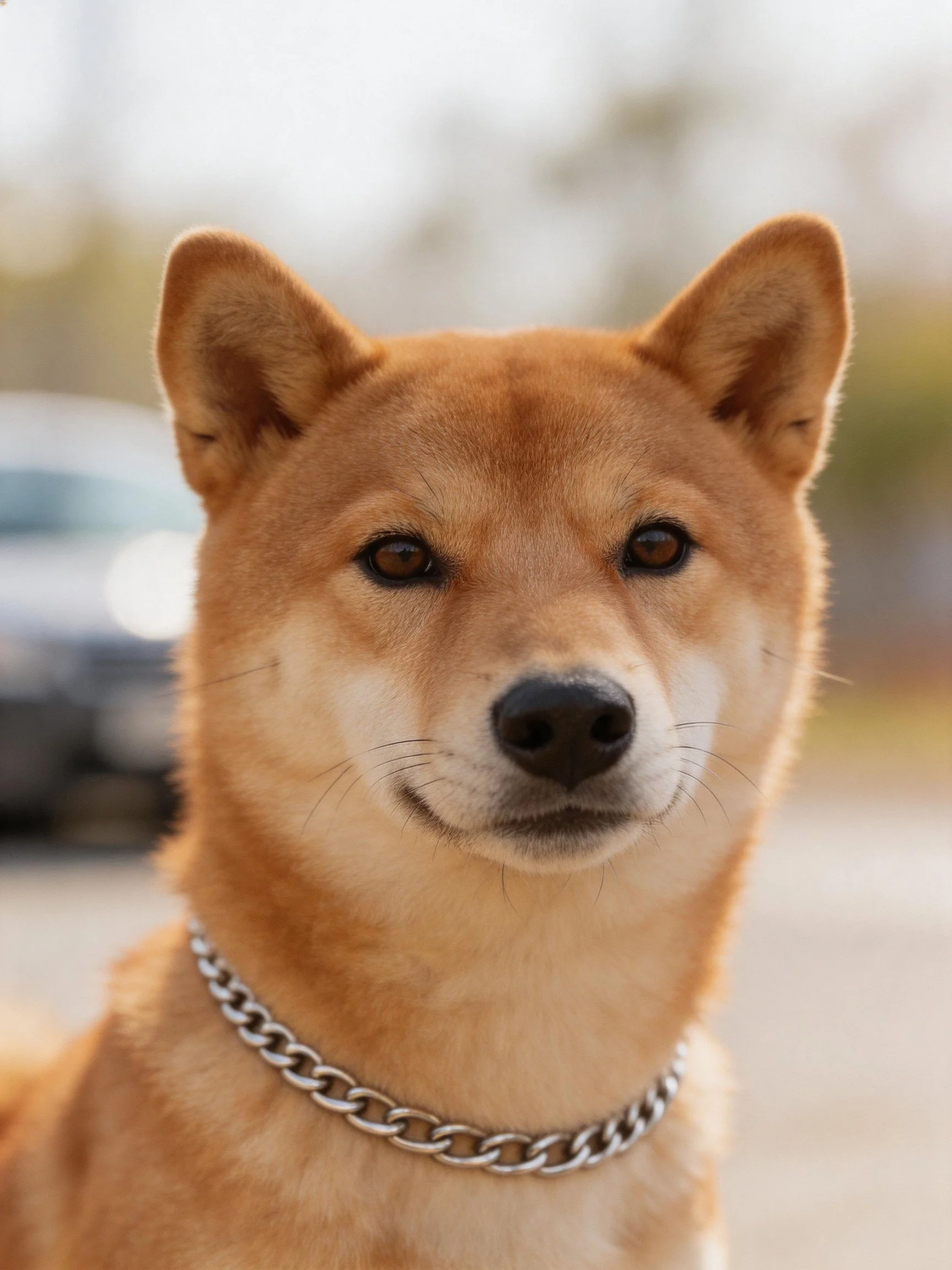 Tan Shiba Inu with silver chain collar outdoors