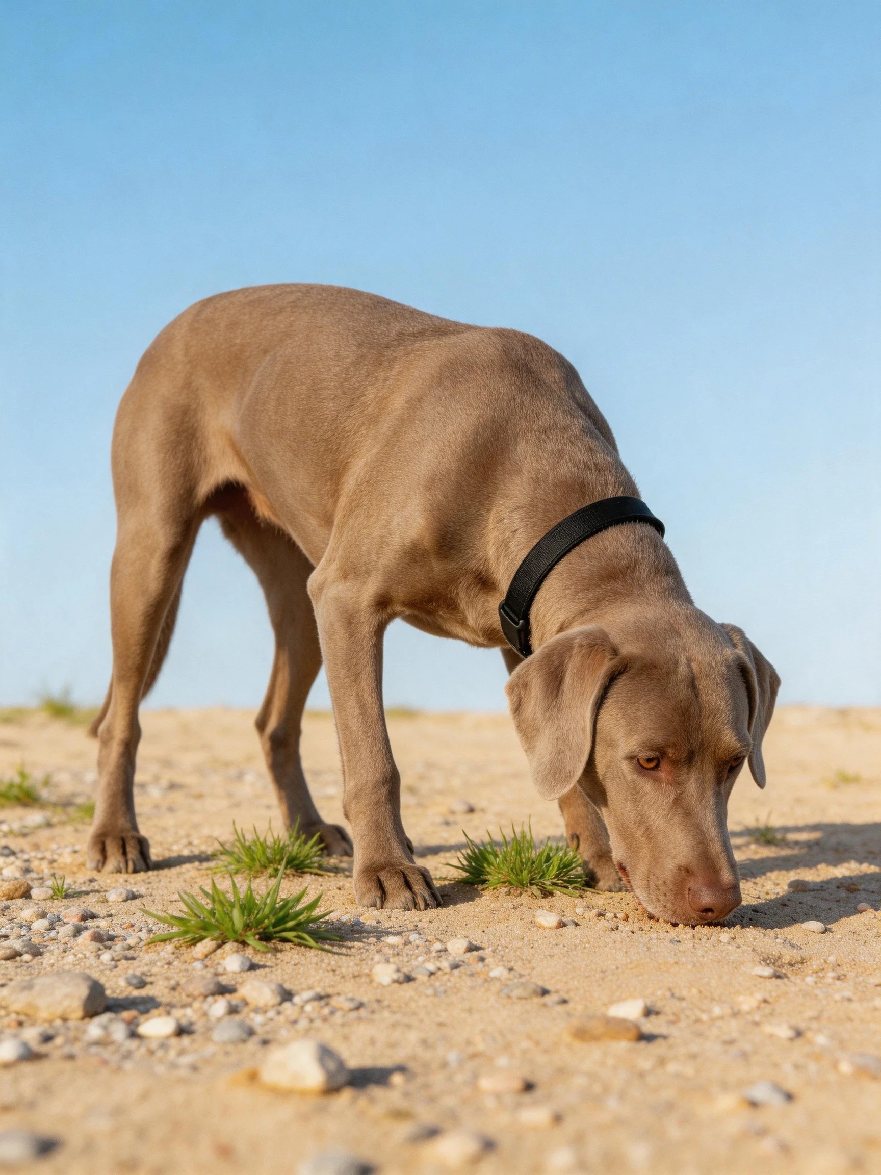 Tan Weimaraner sniffing sandy terrain with scattered pebbles and sparse greenery