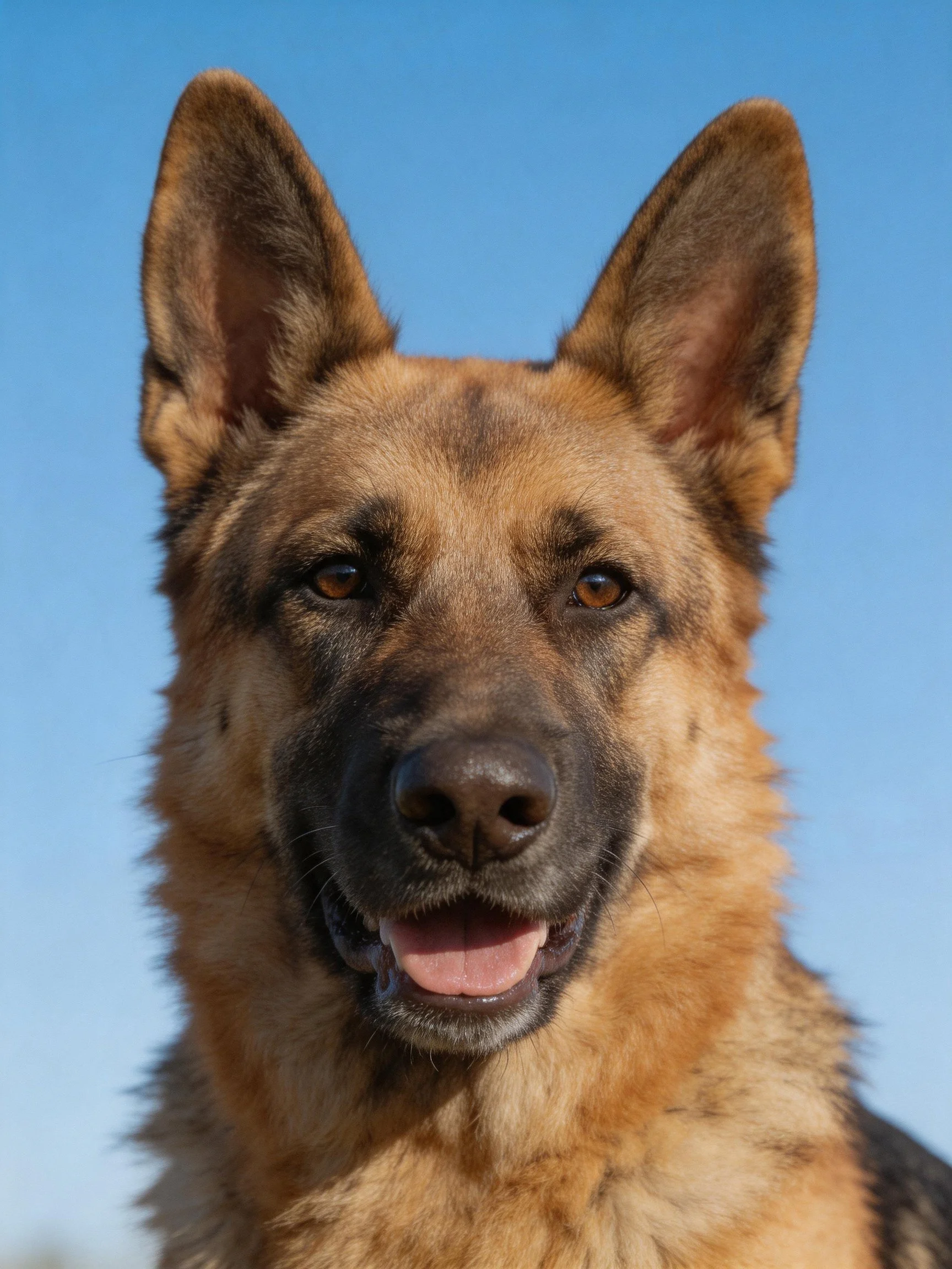 A German Shepherd dog with tan and black fur stands before a clear blue sky.