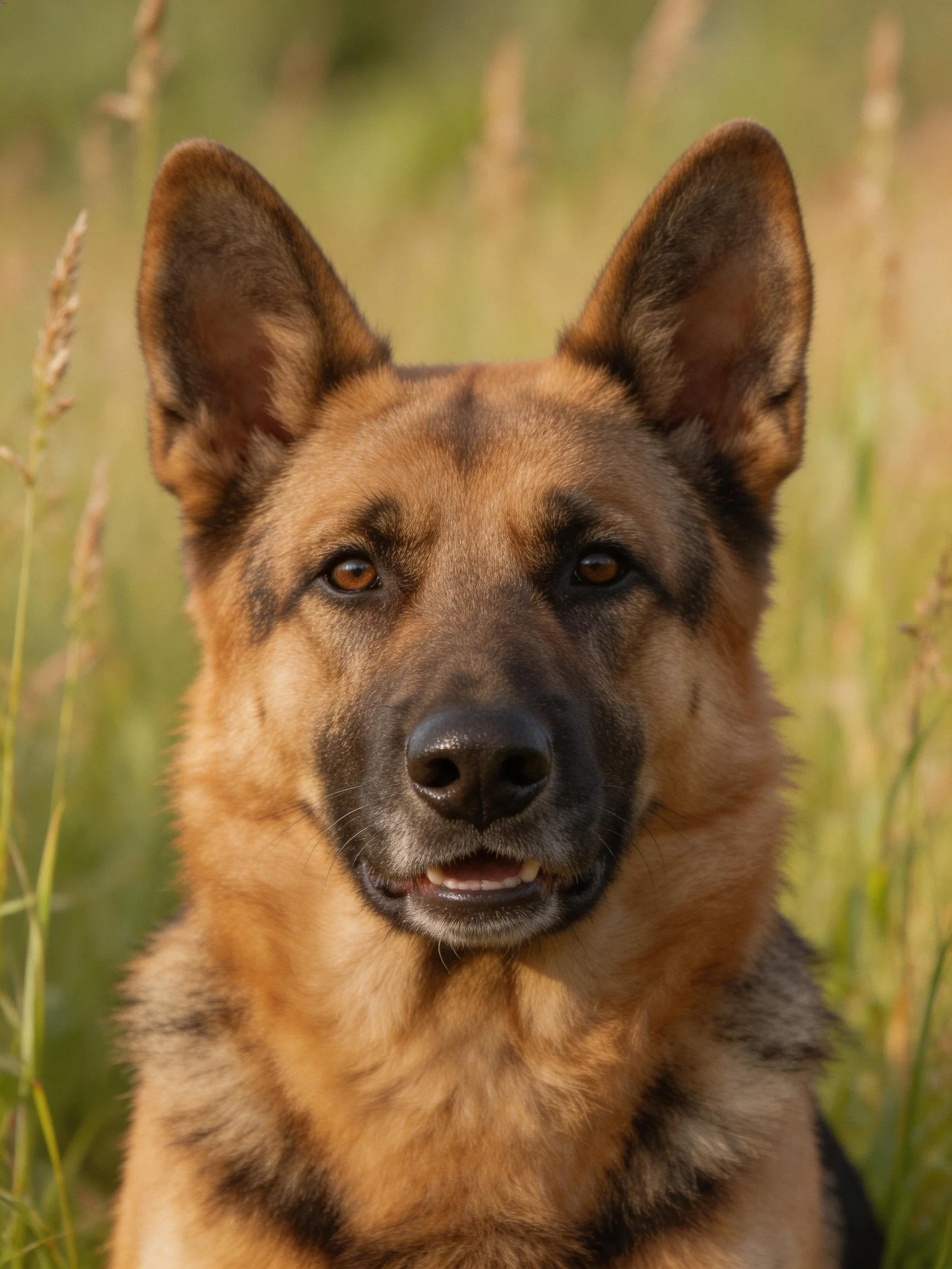 A German Shepherd stands alert among tall grasses in a sunlit area.