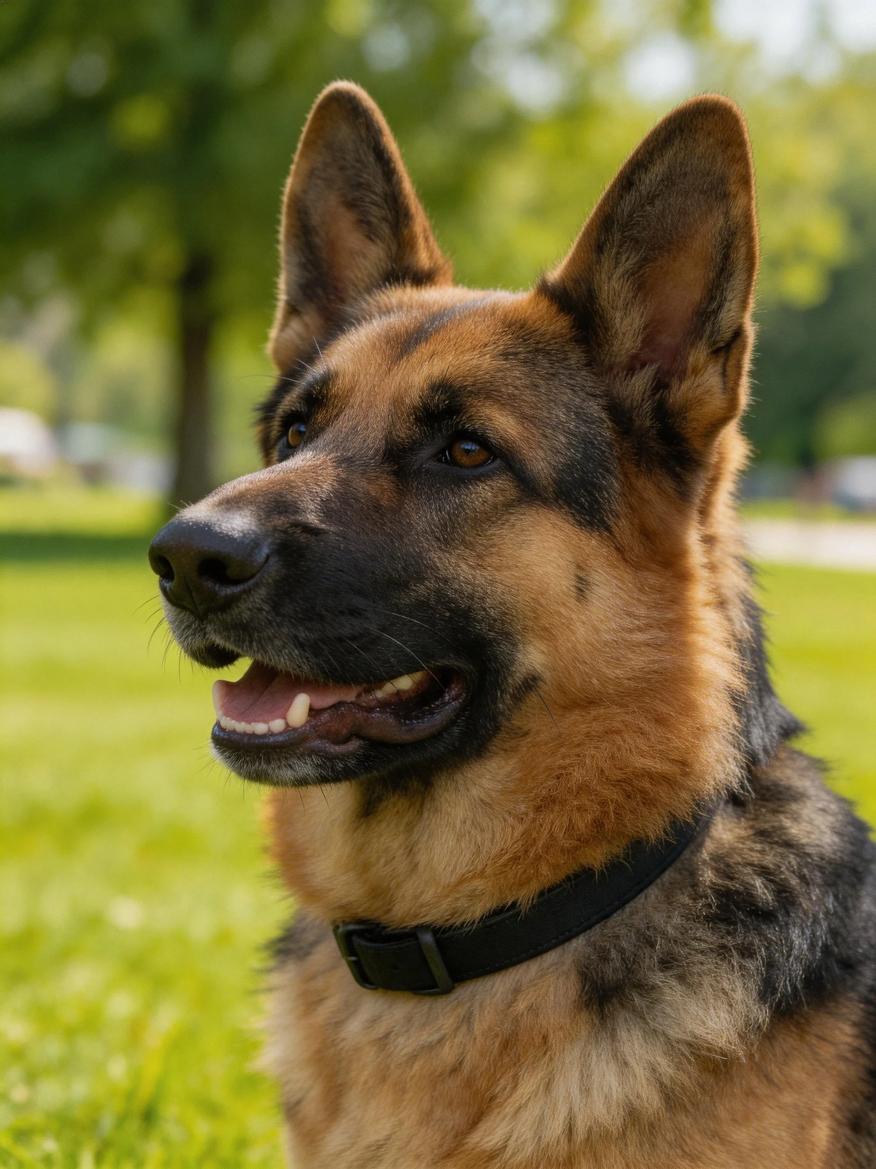 A tan and black German Shepherd relaxes in a sunlit grassy field.