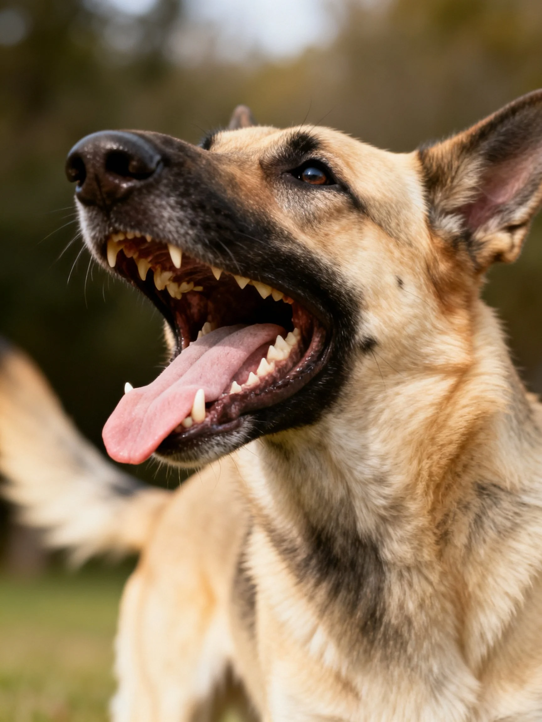 A tan and black German Shepherd pants with mouth open outdoors.