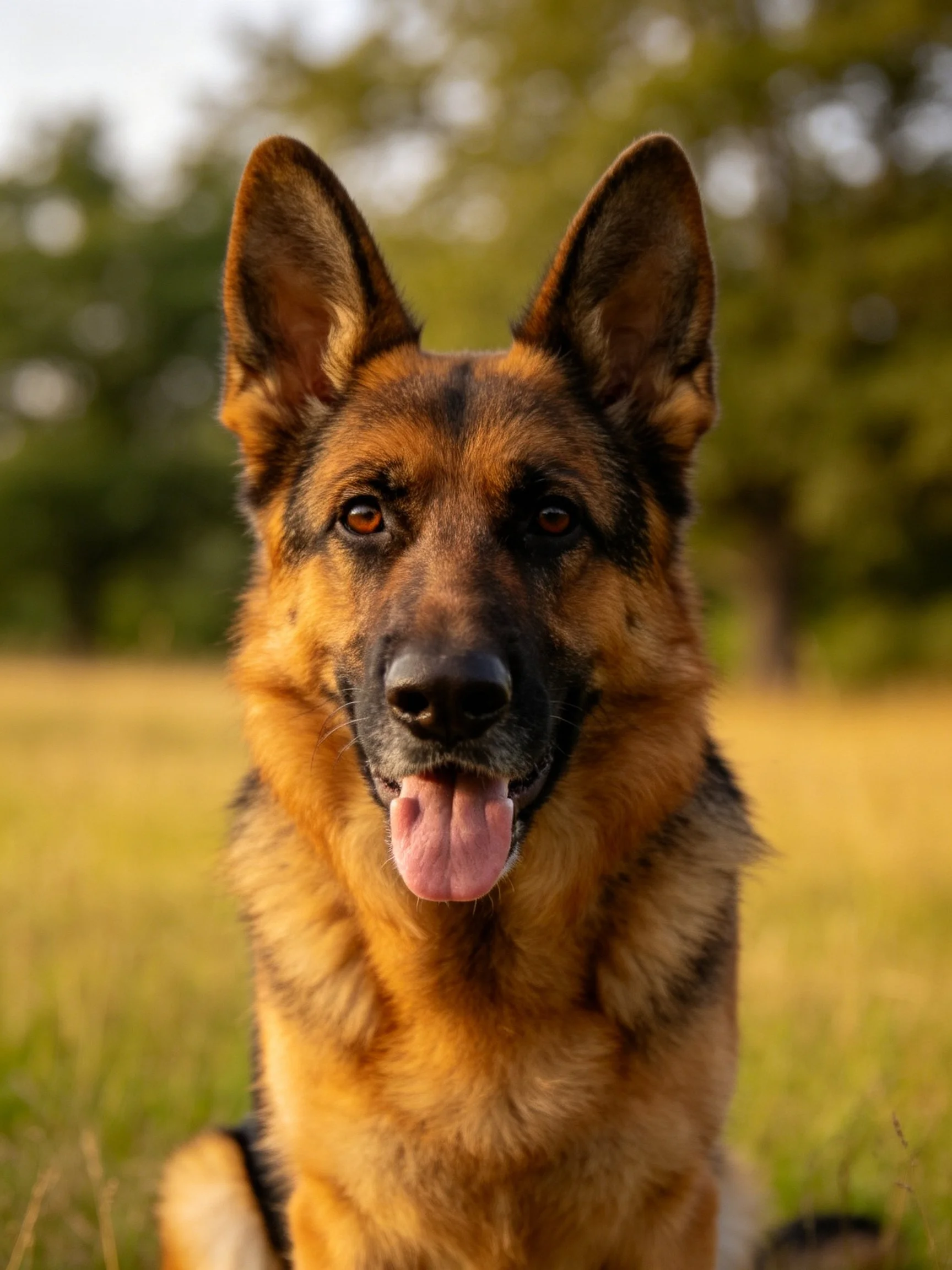 A tan and black German Shepherd rests in a sunlit grassy area.