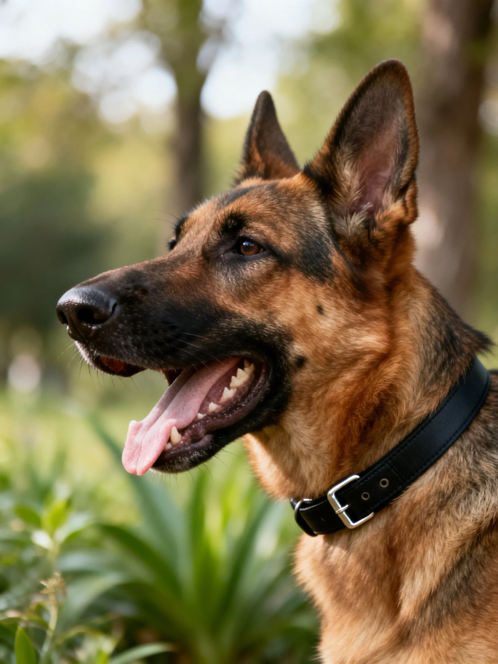 A German Shepherd dog with a black collar is situated in a verdant outdoor environment.
