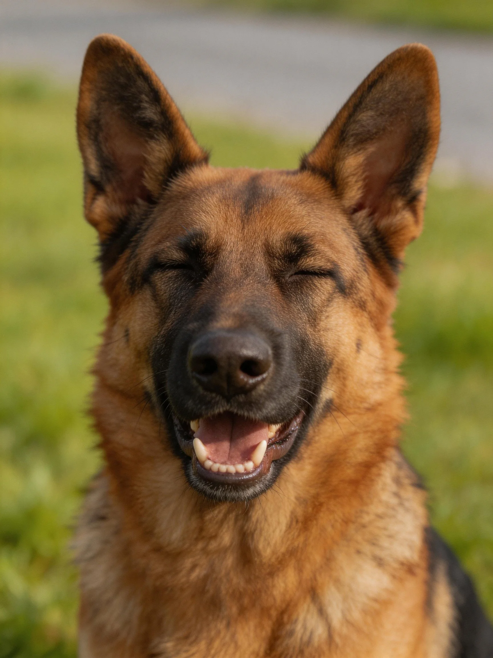 A German Shepherd dog with closed eyes appears content outdoors