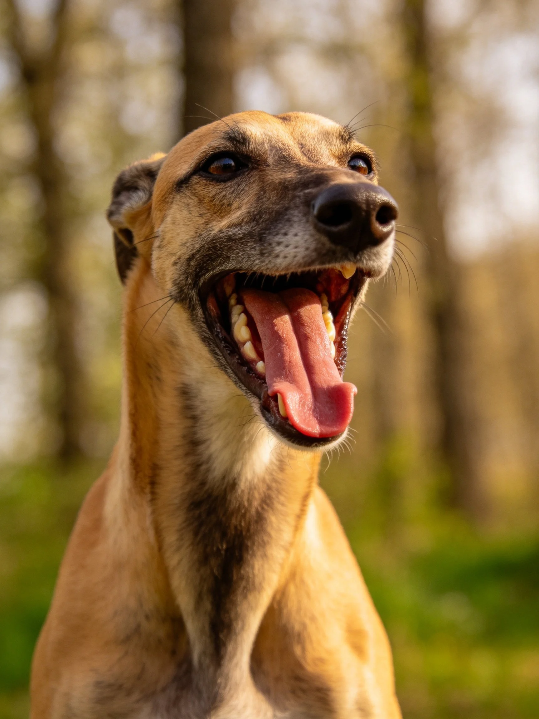 Tan and black dog yawning amid blurred forest backdrop