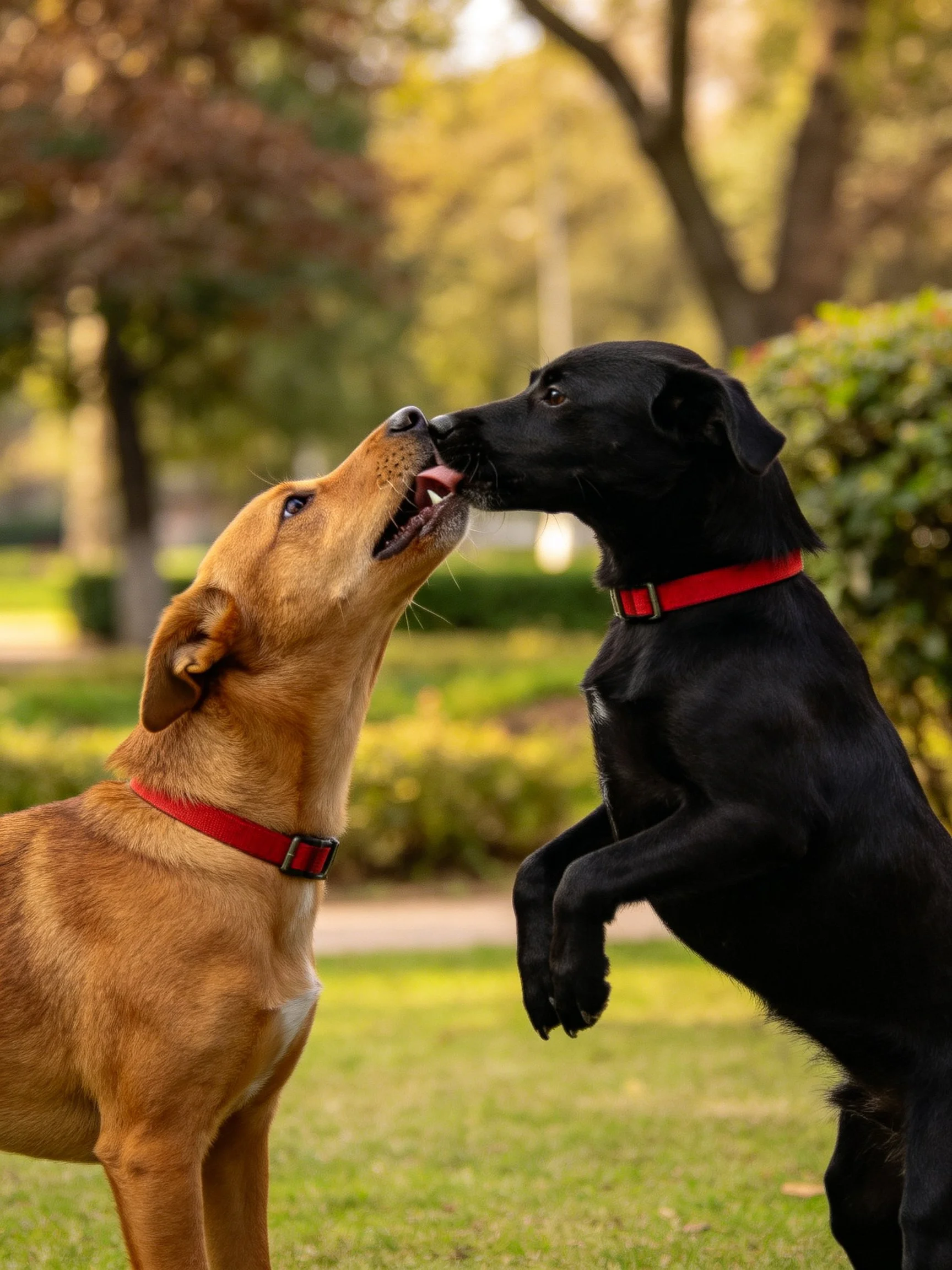 Tan and black dogs with red collars interact closely in a sunlit park