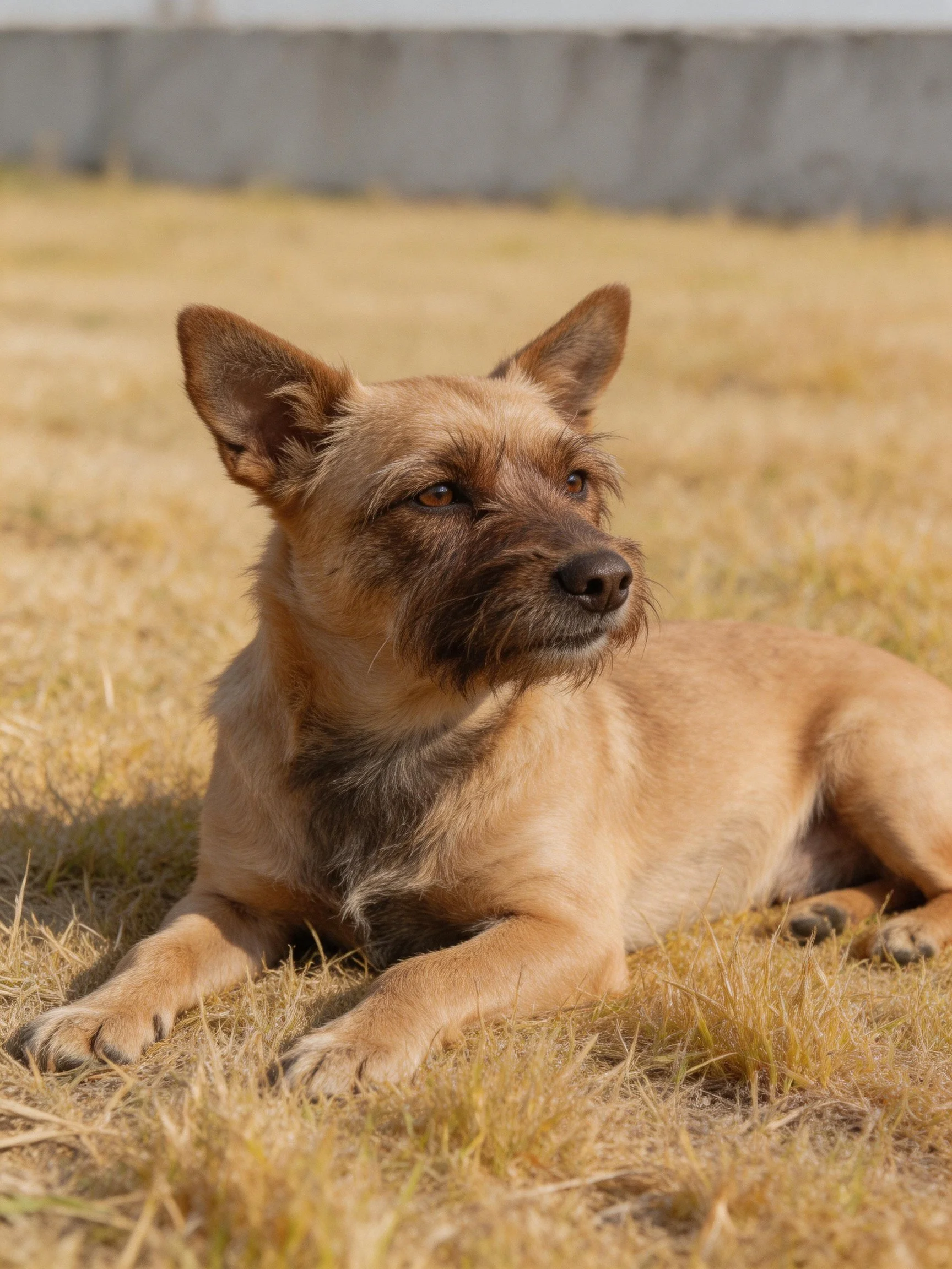 A tan and brown dog relaxes on dry grass in an outdoor setting.