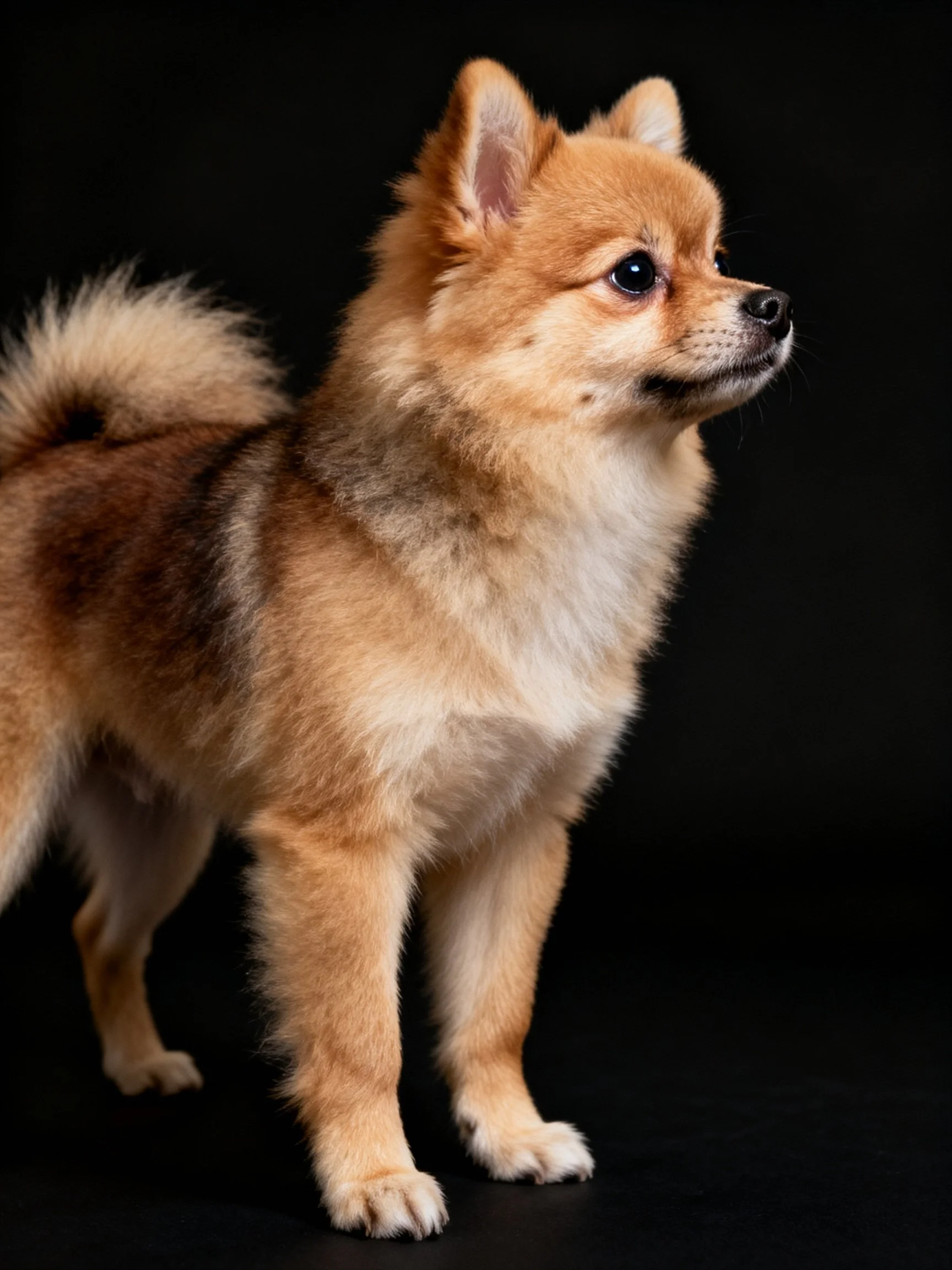 Fluffy tan-coated dog stands alertly against a black backdrop.