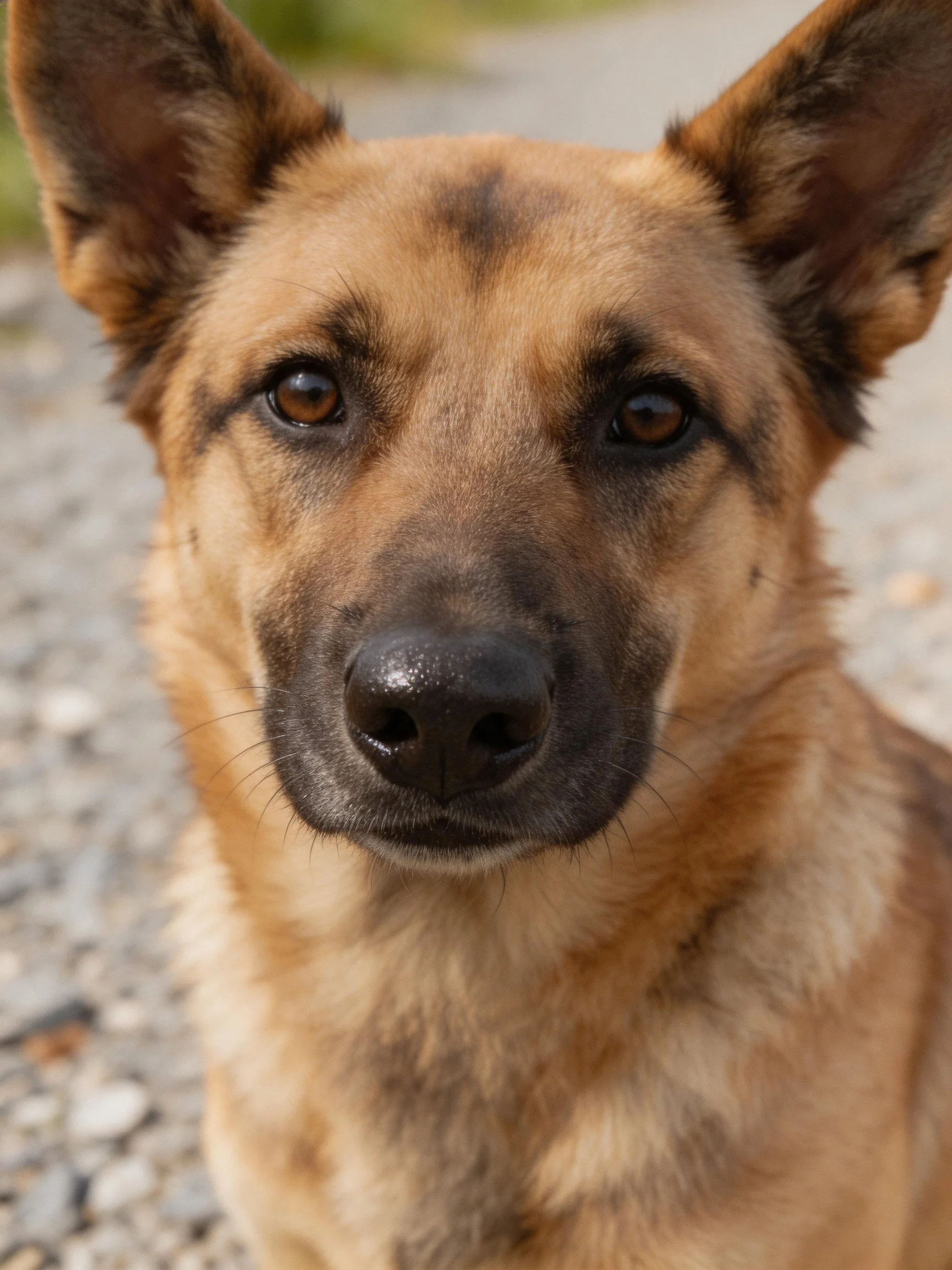 Tan and brown dog gazes directly at camera with upright ears.