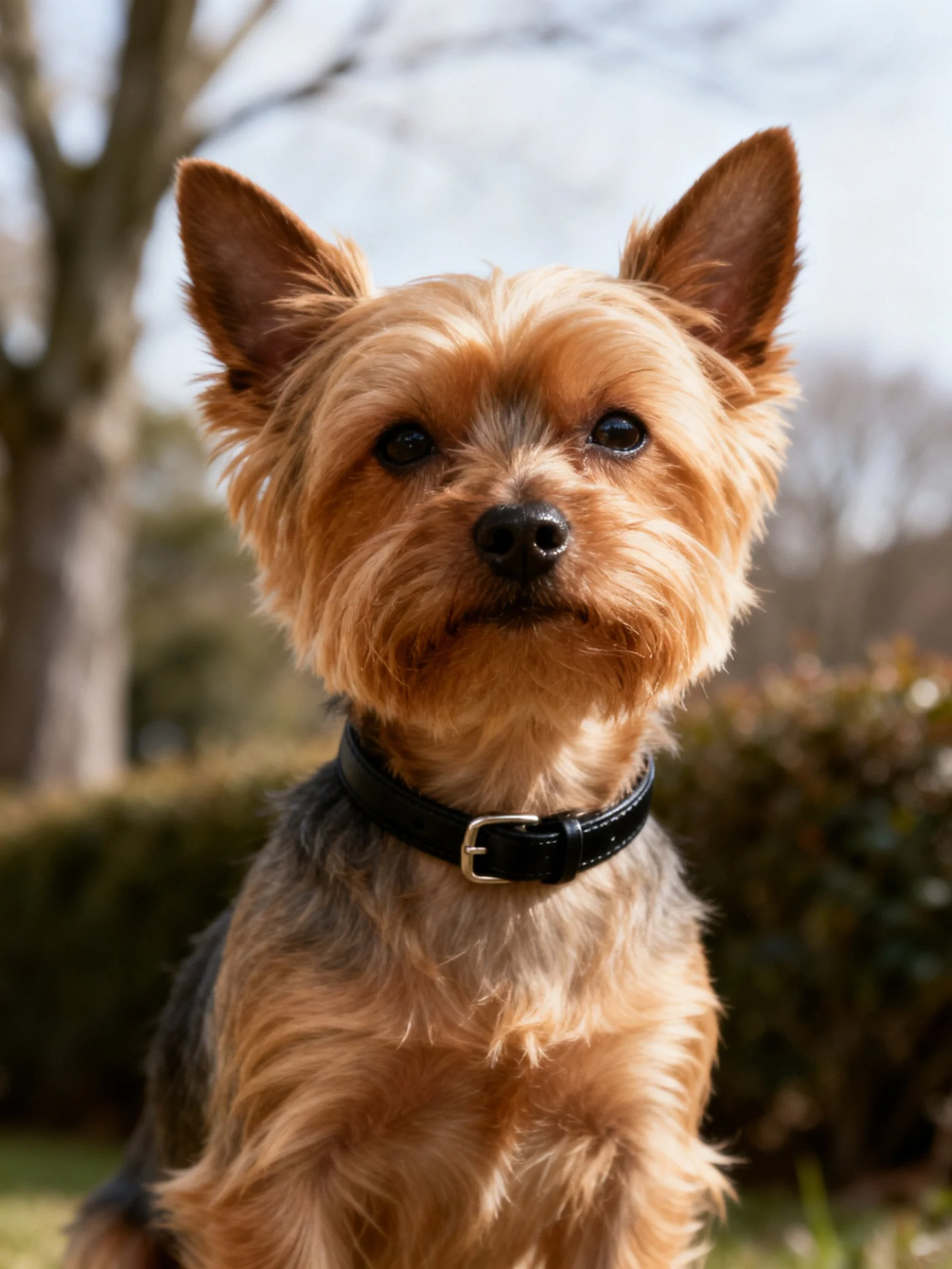 A small tan and gray dog with a black collar sits outdoors near greenery.