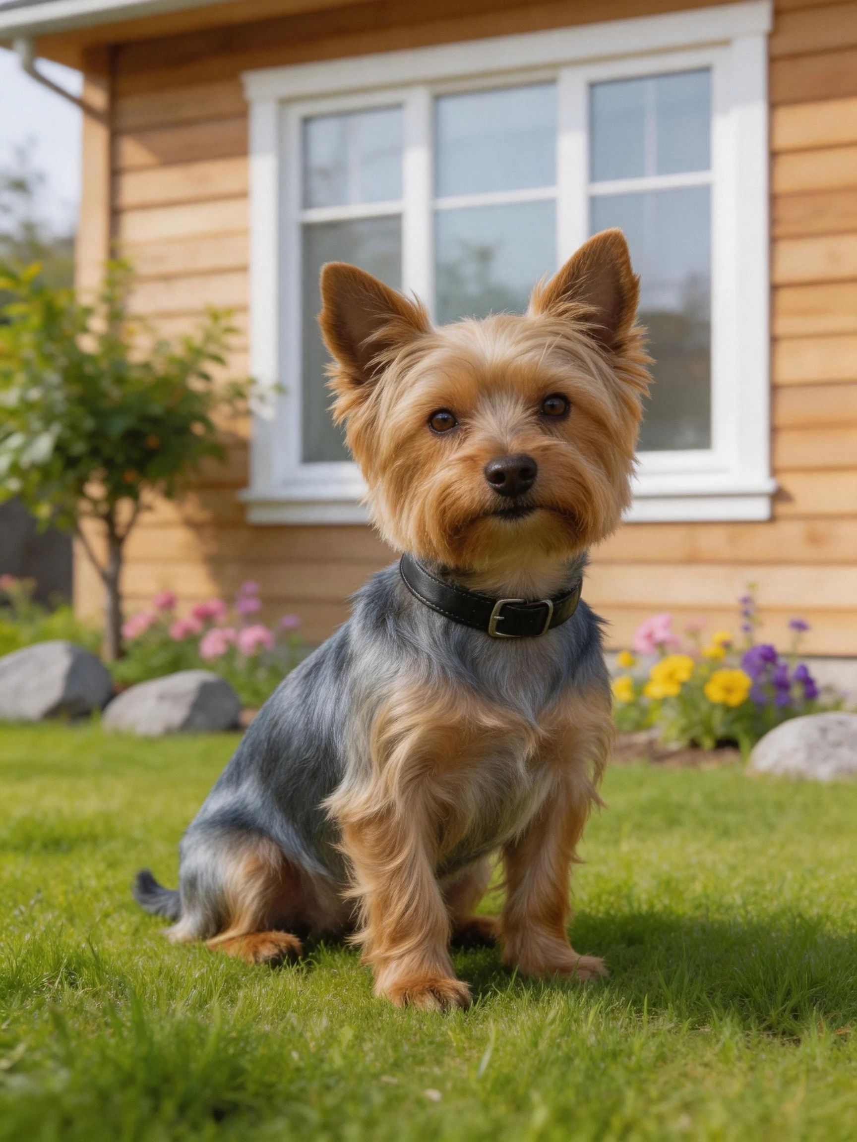A small tan and gray terrier sits on grass outside a wooden house.