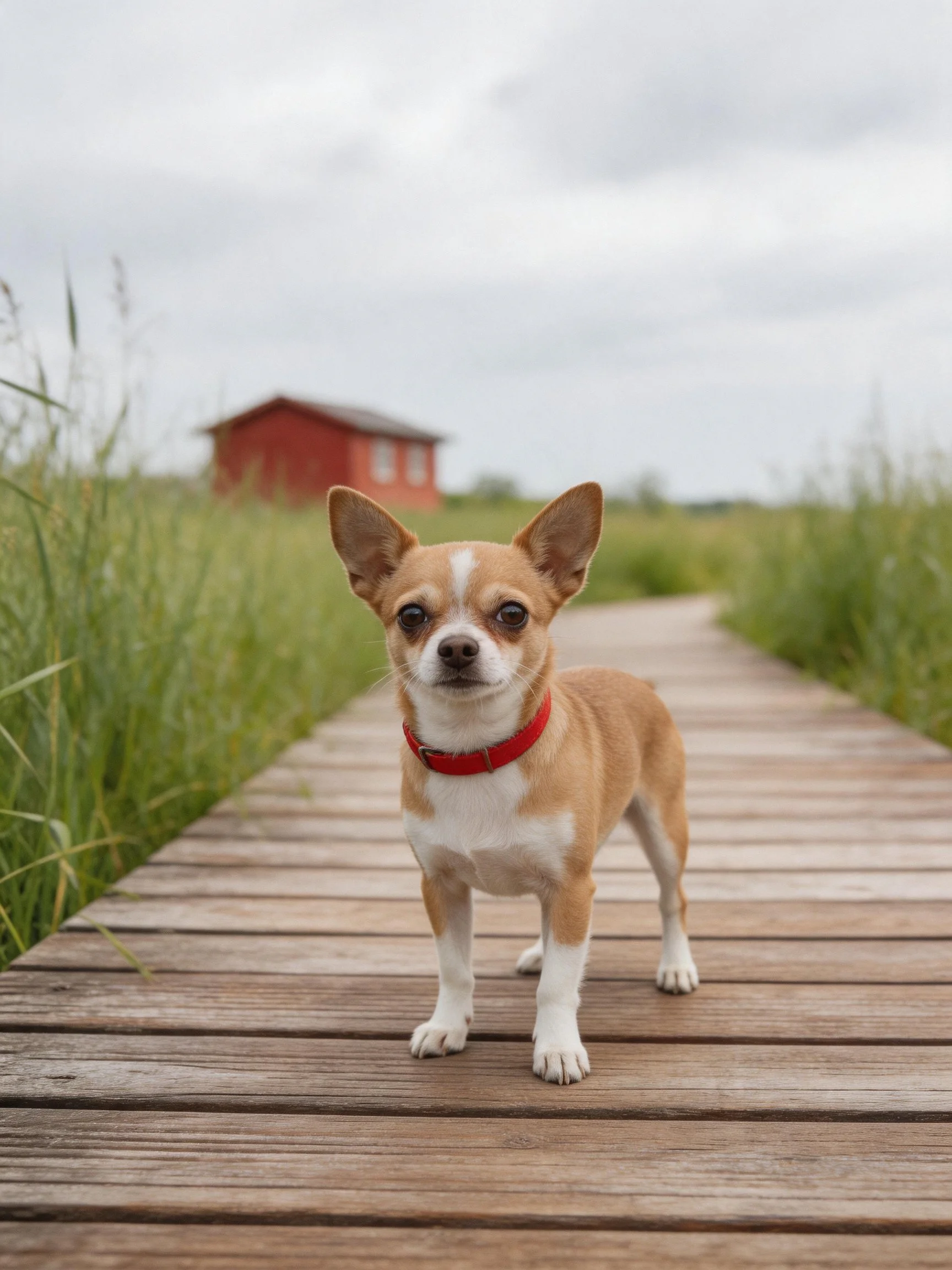 A small dog stands on a wooden path with a red structure in the distance.