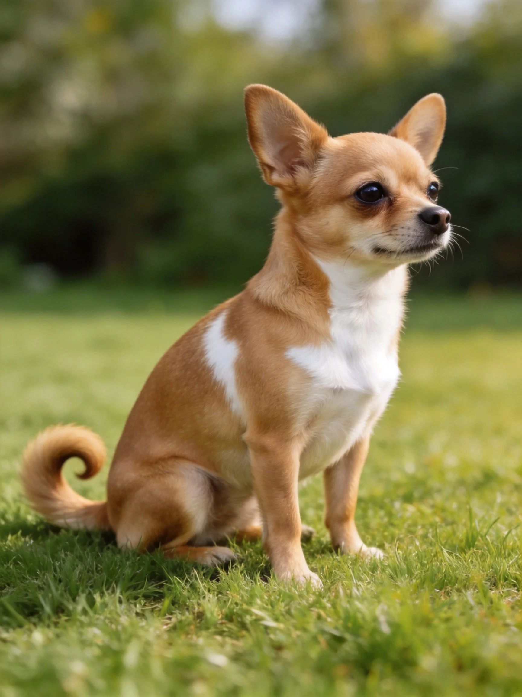 A tan and white Chihuahua sits calmly on green grass.