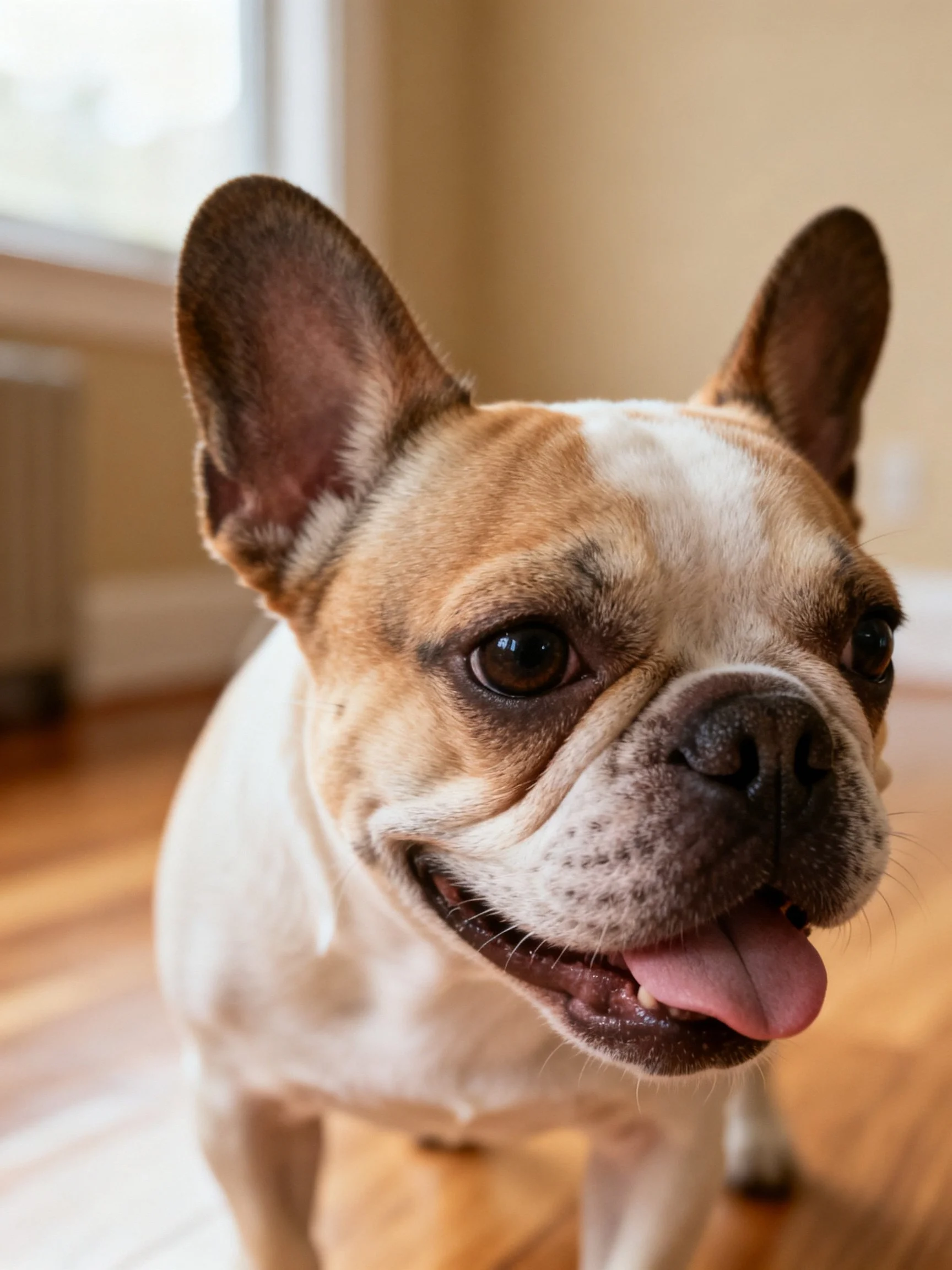 A tan and white French Bulldog stands on a wooden floor with its mouth open.