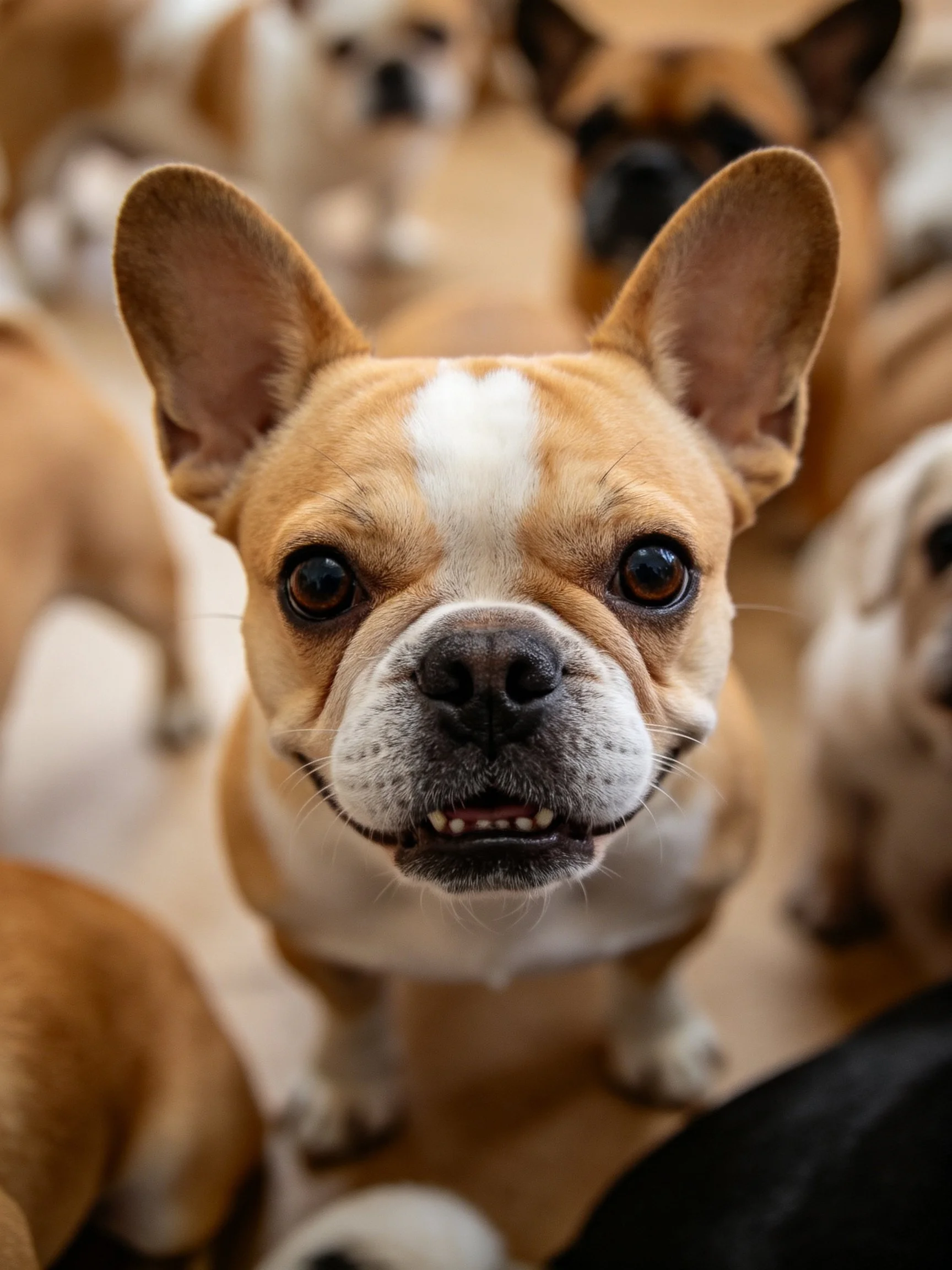 A tan and white French bulldog is surrounded by other dogs in a close - up shot.