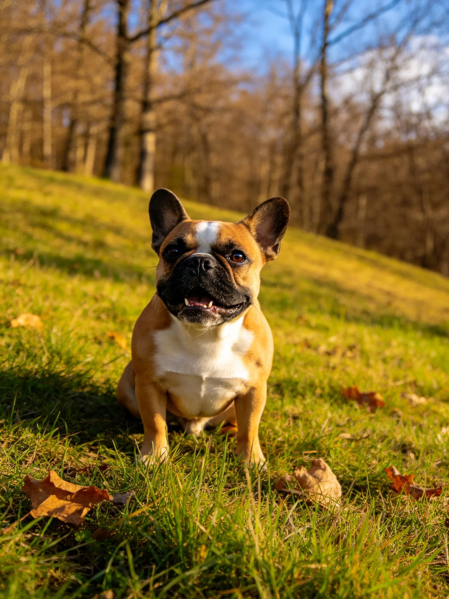 A French bulldog sits outdoors among grass and trees with autumn leaves.
