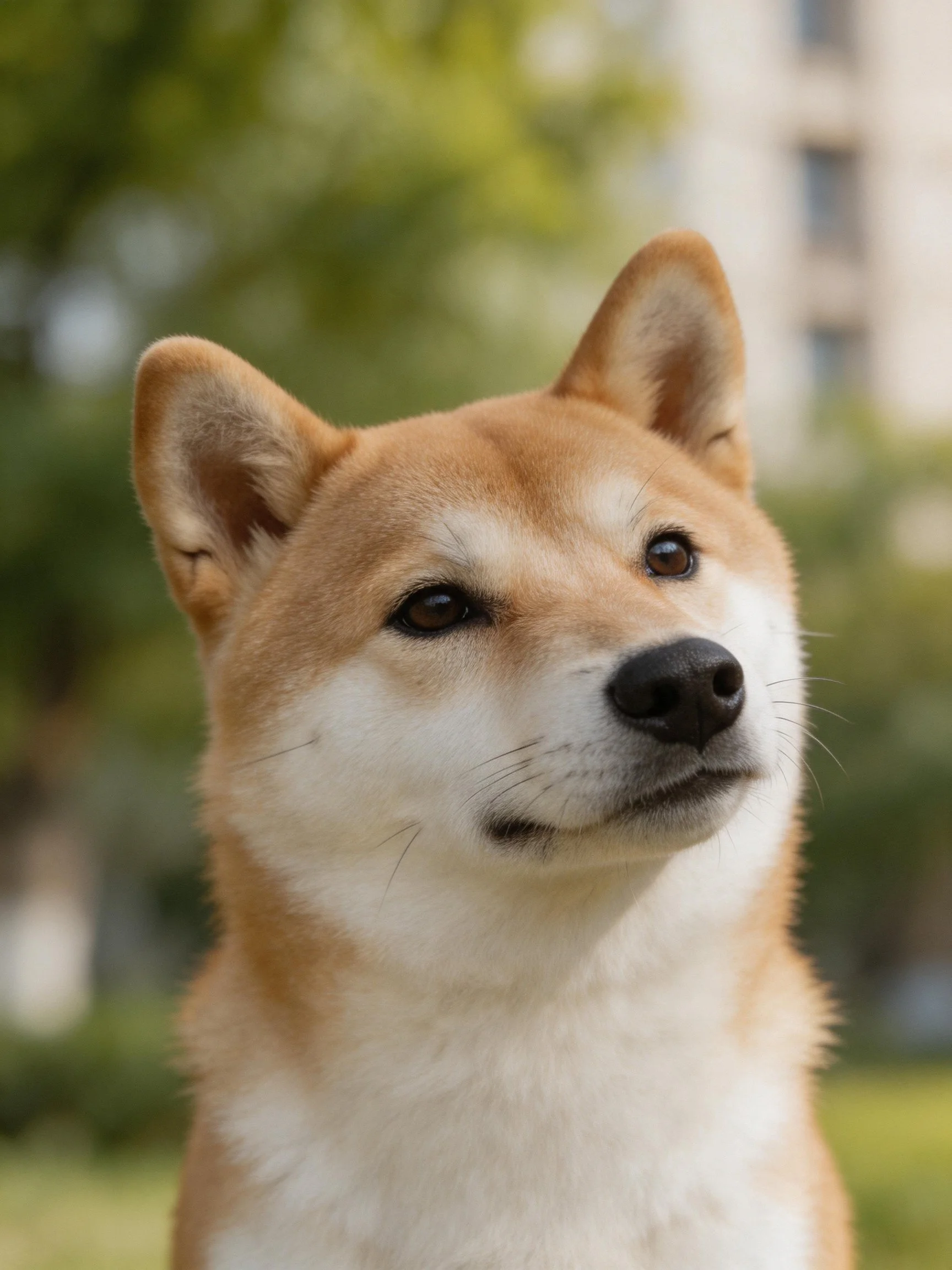 Tan and white Shiba Inu dog outdoors near greenery