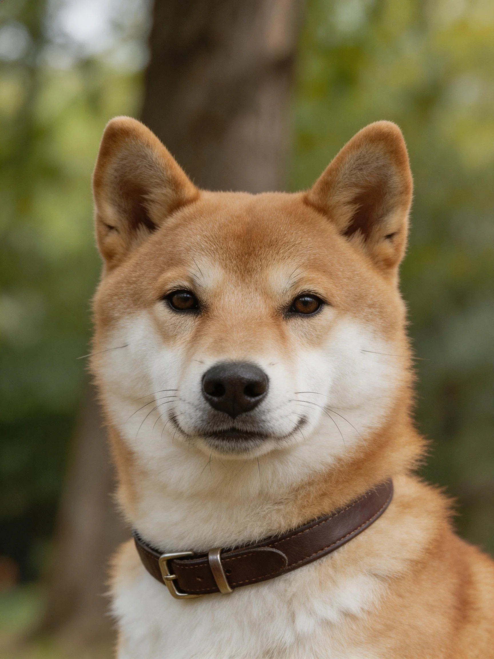 Tan and white Shiba Inu dog with brown leather collar outdoors