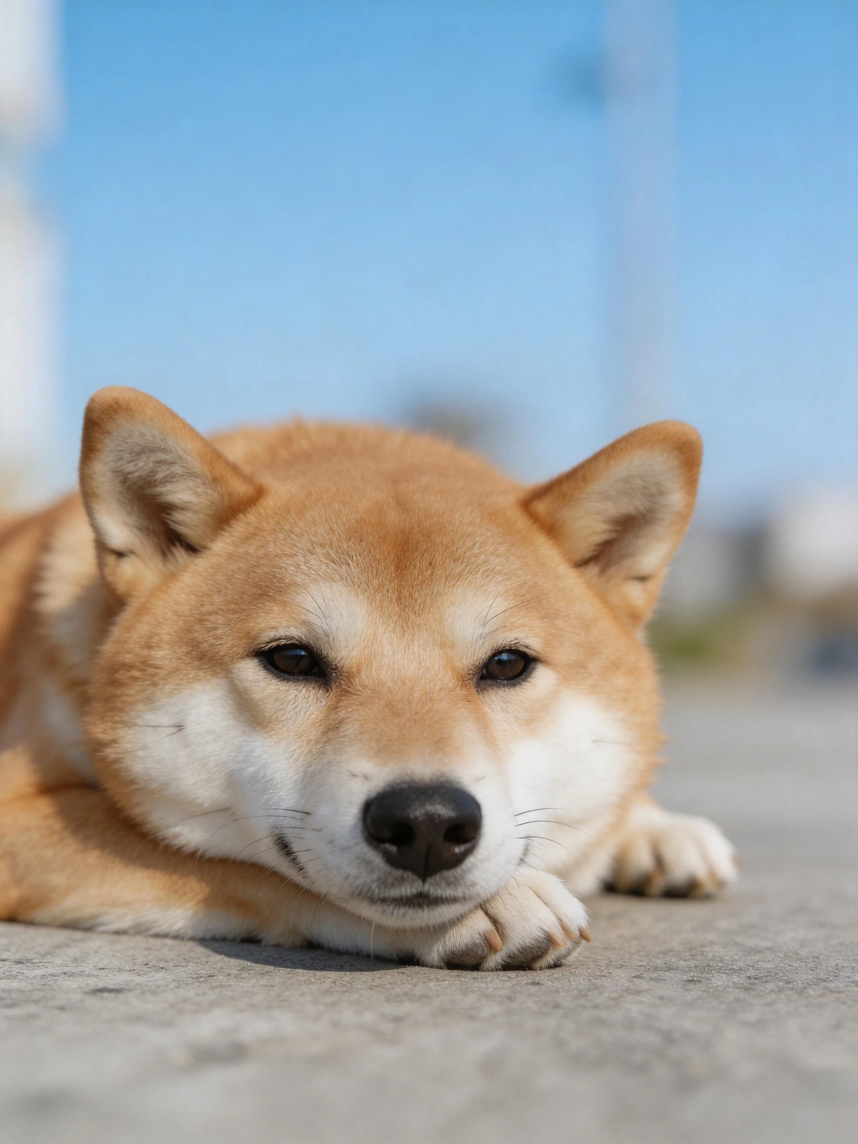 Tan and white Shiba Inu resting on smooth concrete under clear blue sky