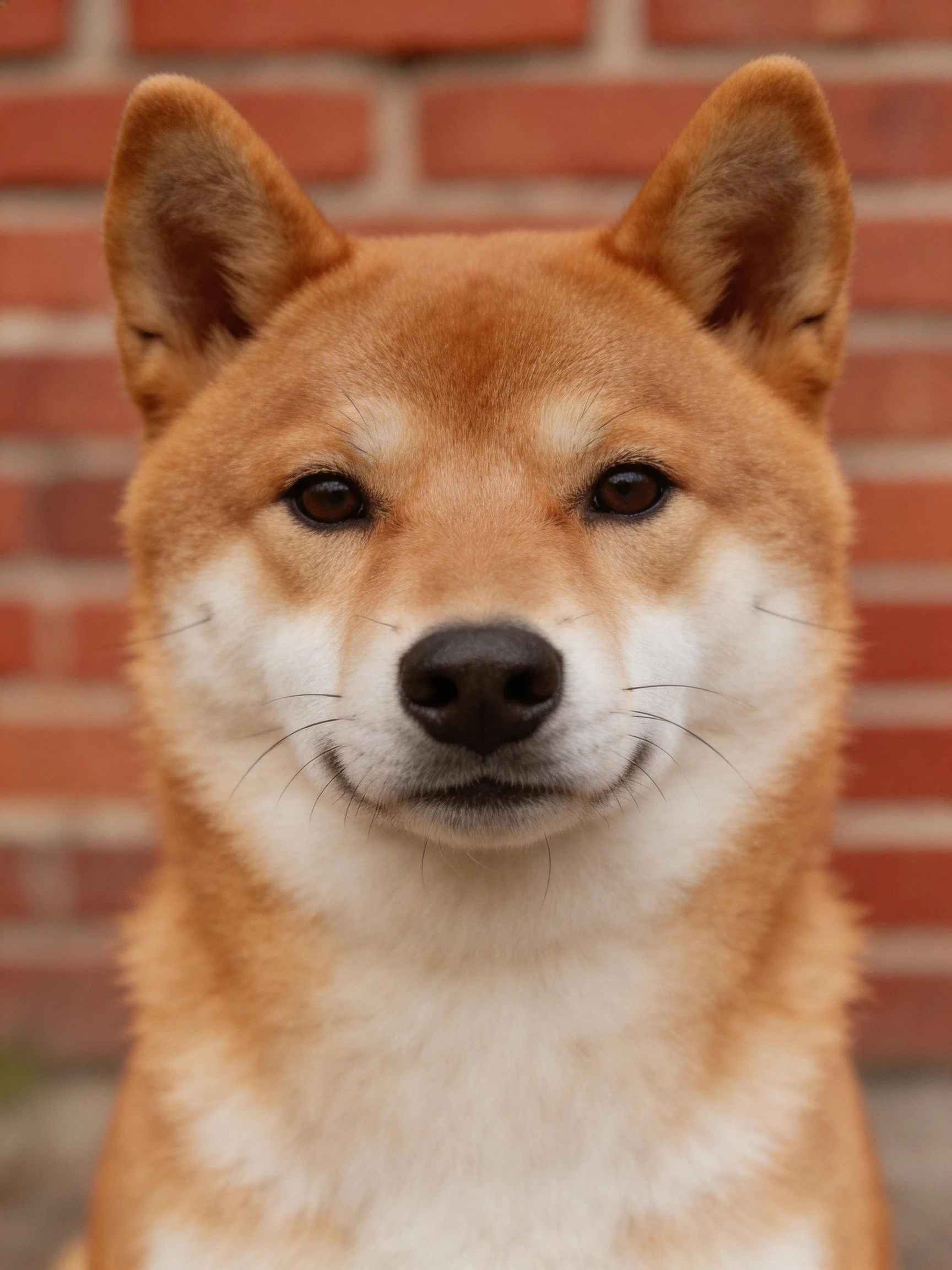 Tan and white Shiba Inu sitting before red brick wall