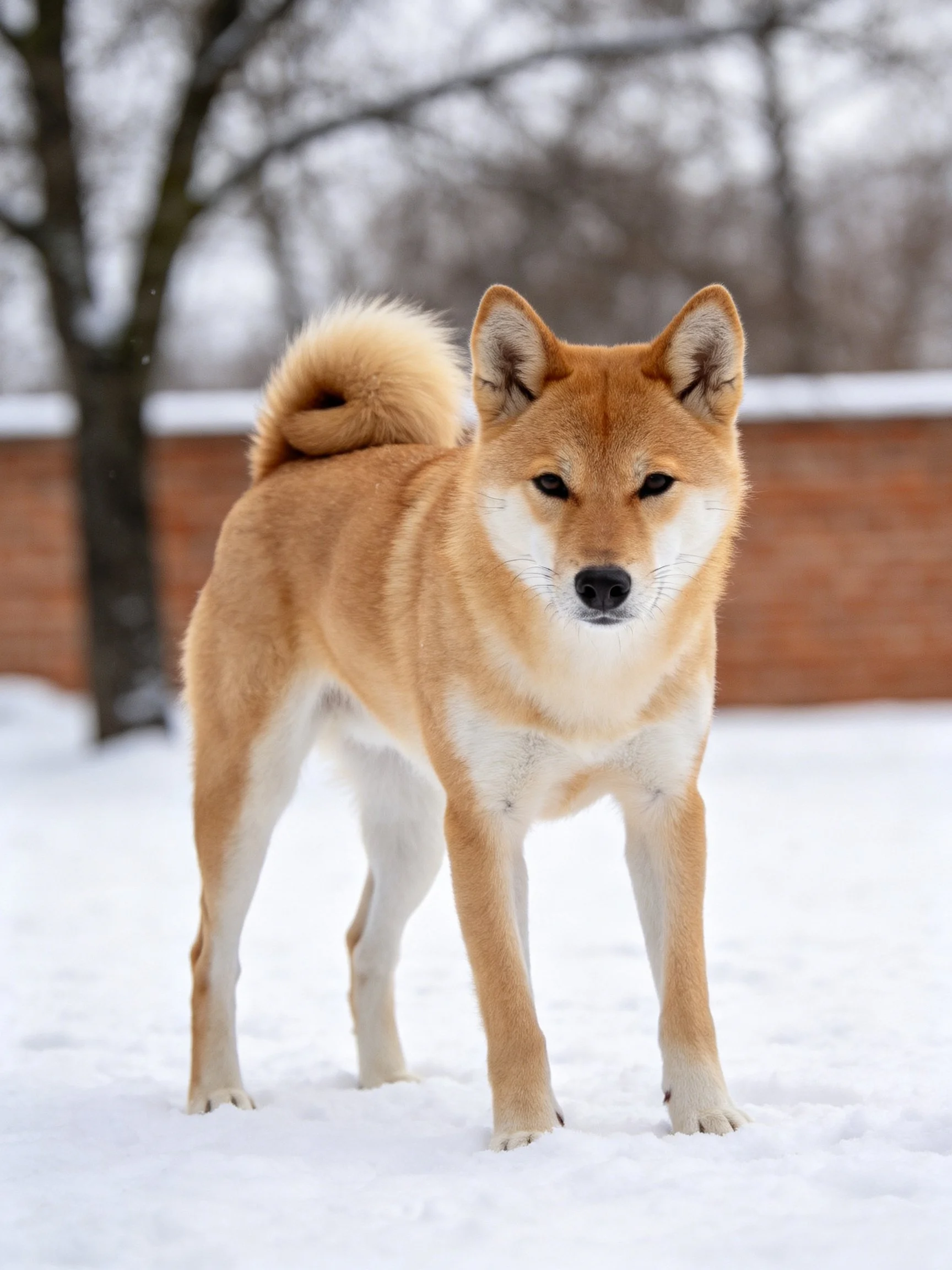 Tan and white Shiba Inu standing on snow near leafless trees