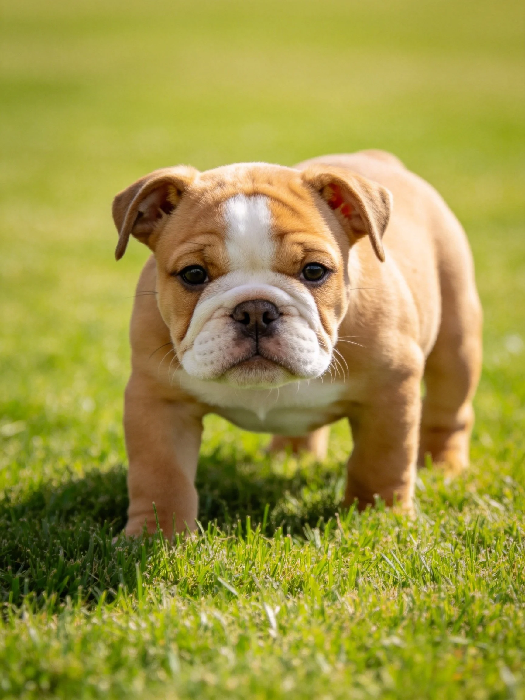 A tan and white bulldog puppy stands on green grass in bright daylight.