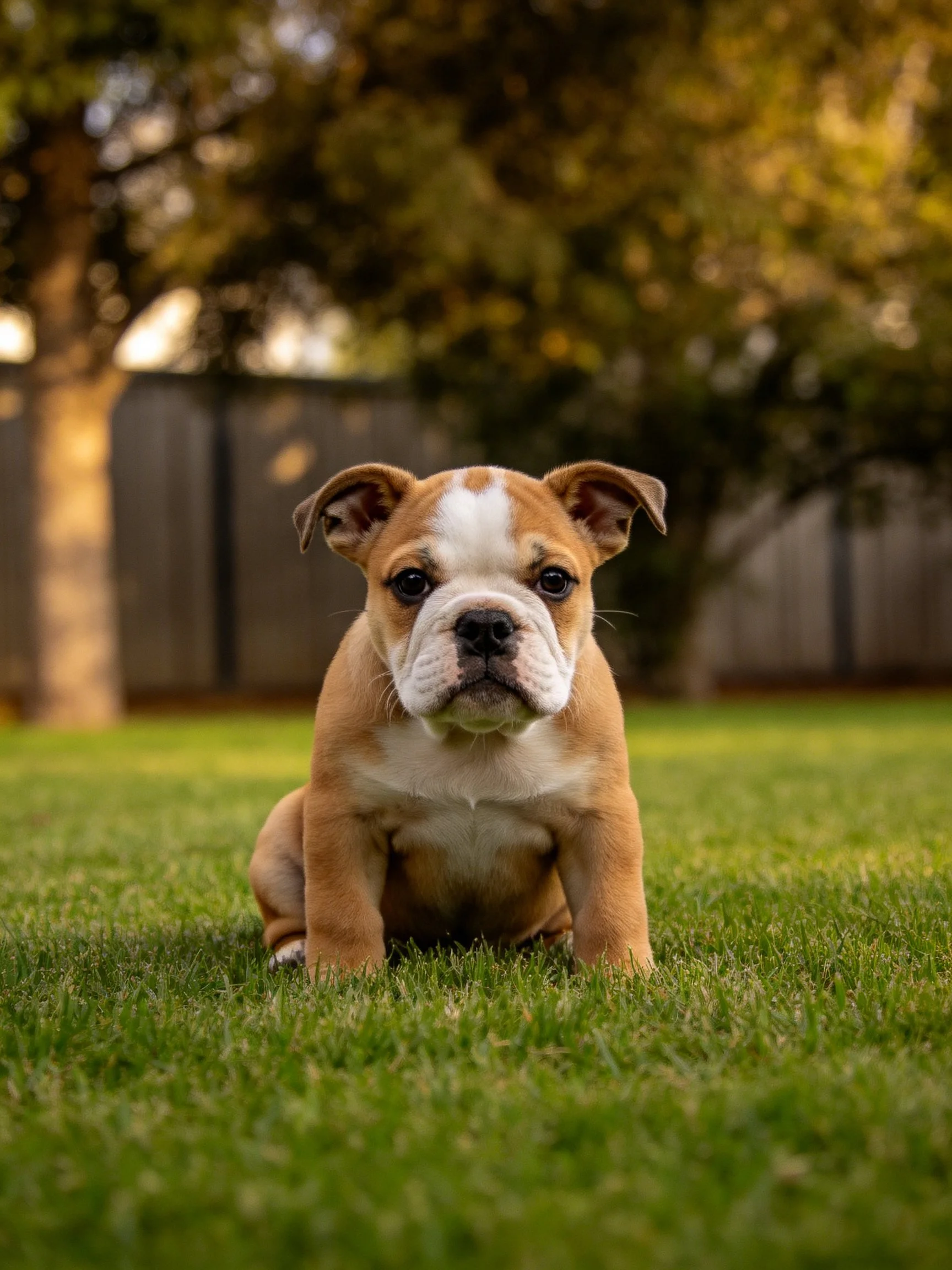 A bulldog puppy sits calmly on a green lawn in a backyard.