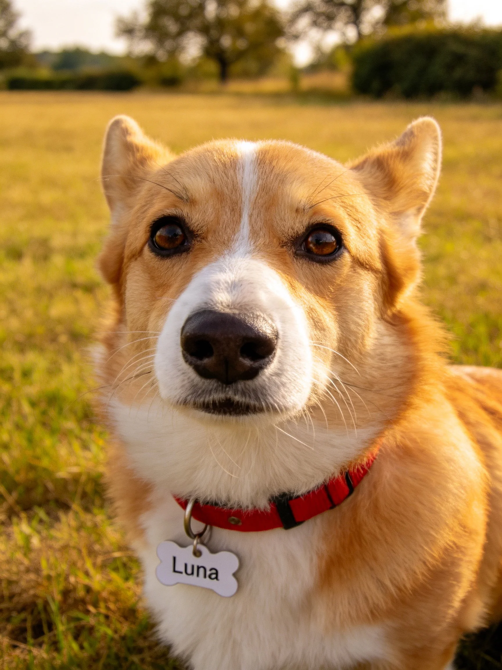Tan and white corgi Luna in a sunlit grassy field