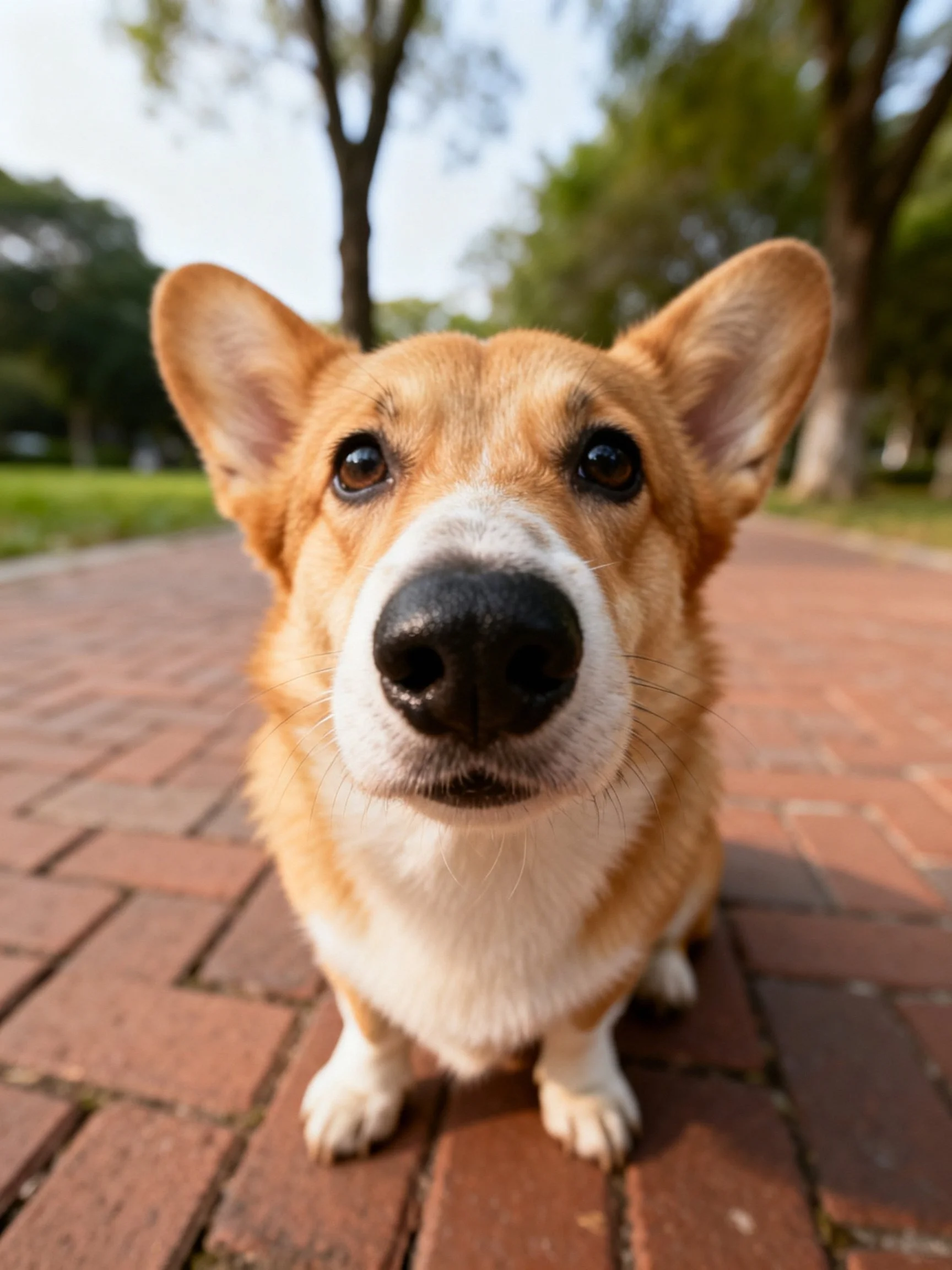 Tan and white corgi gazes at camera onbrick path