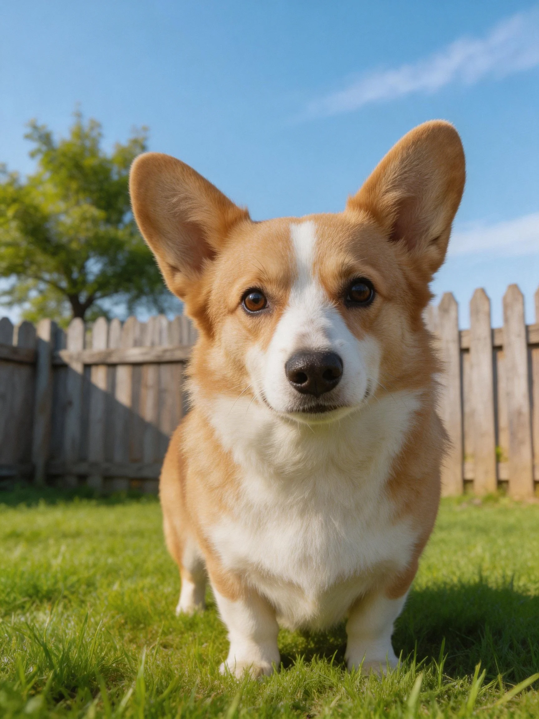 Tan and white corgi on green grass near wooden fence