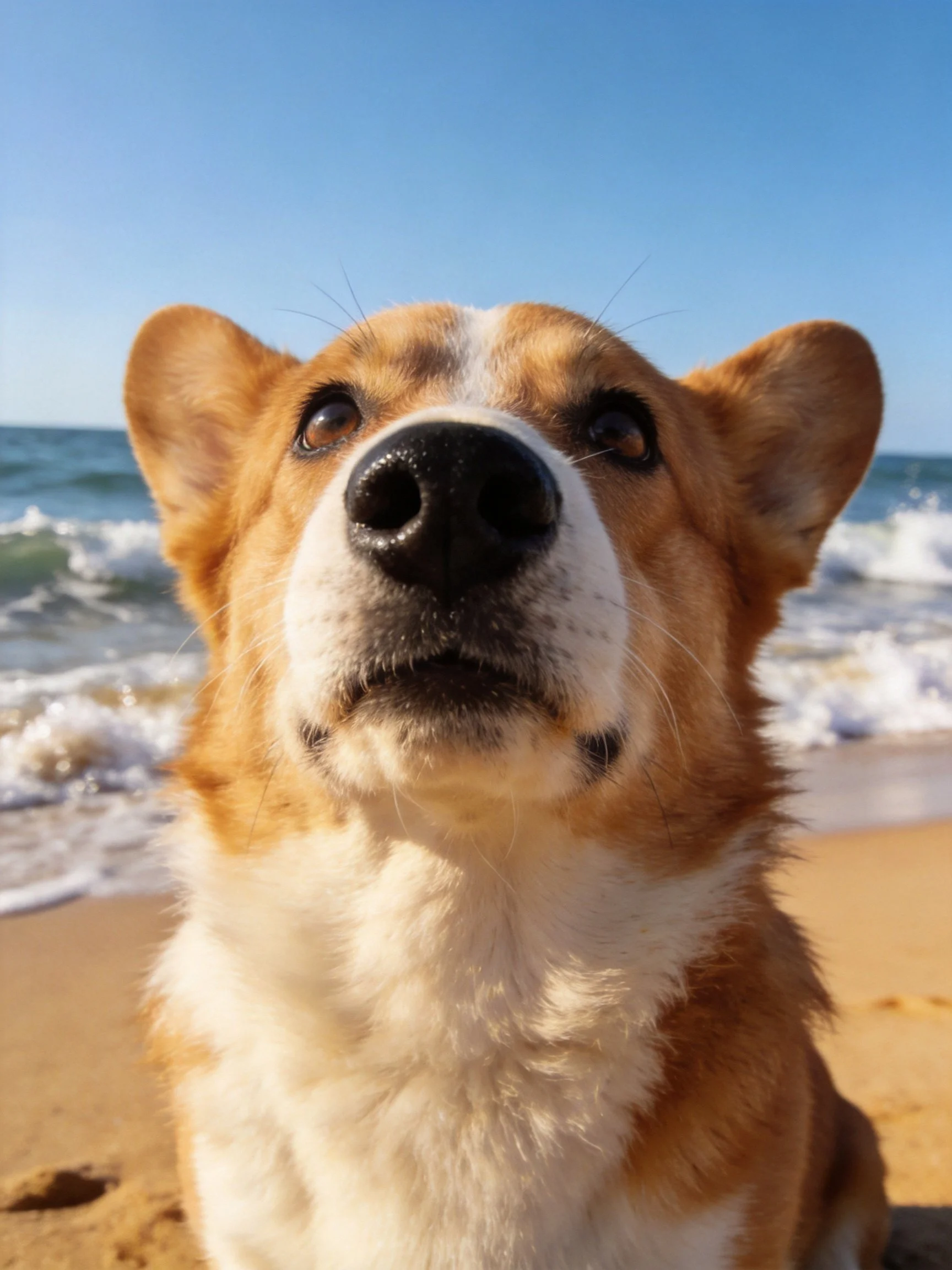 Tan and white corgi sits on sand near crashing ocean waves