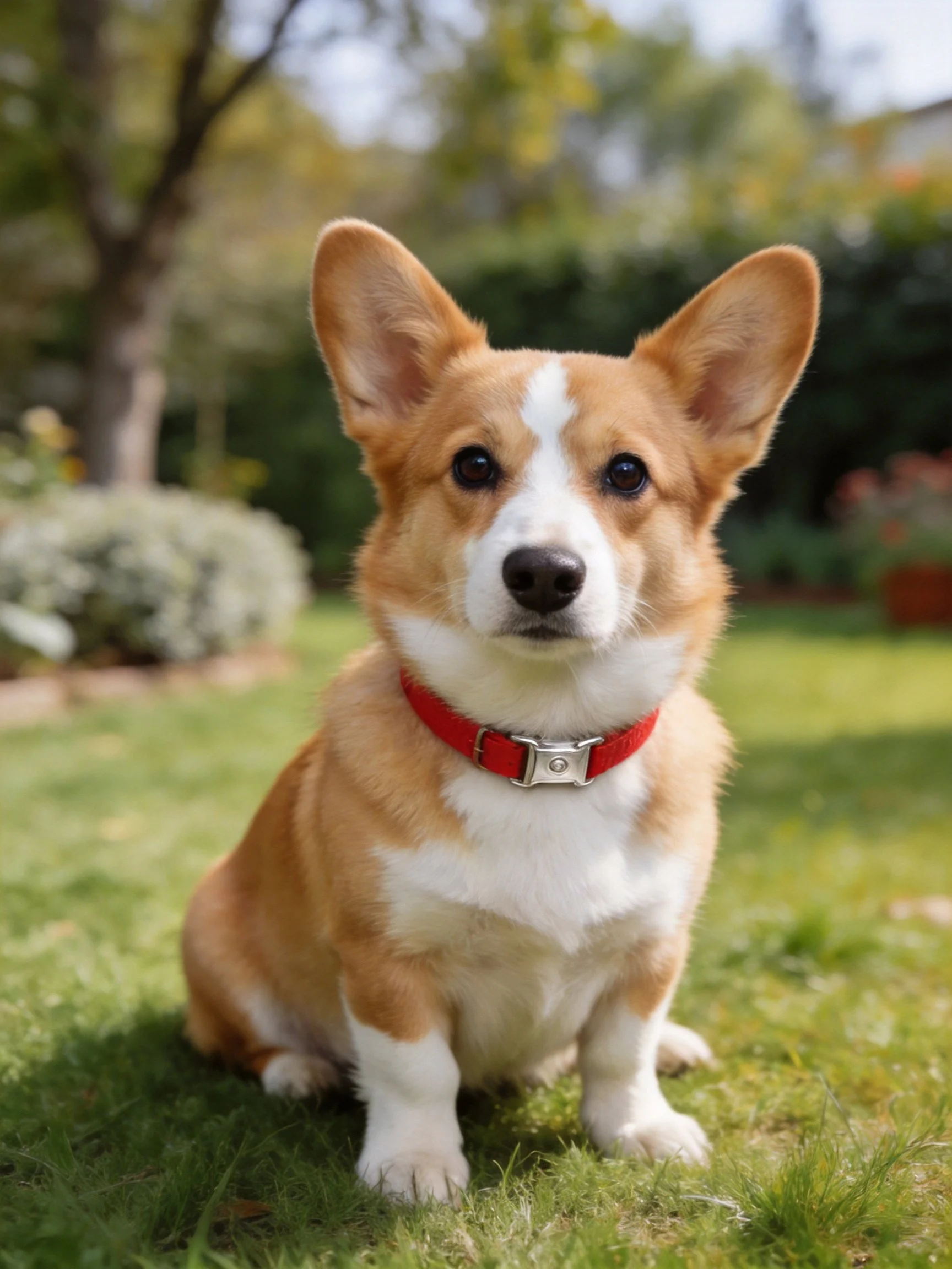 Tan and white corgi puppy with red collar sitting on grass
