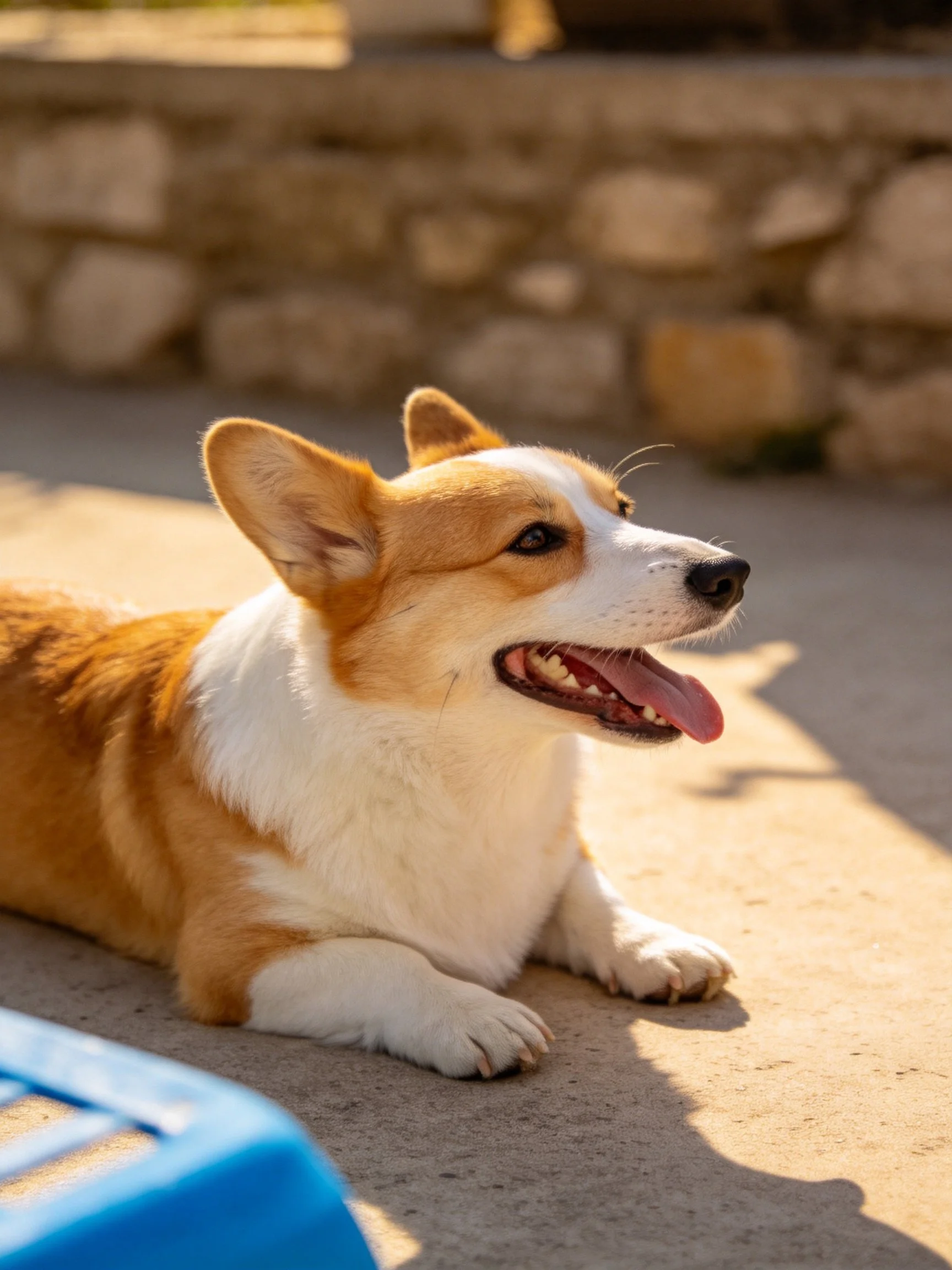 Tan and white corgi resting on sunlit concrete near stone wall