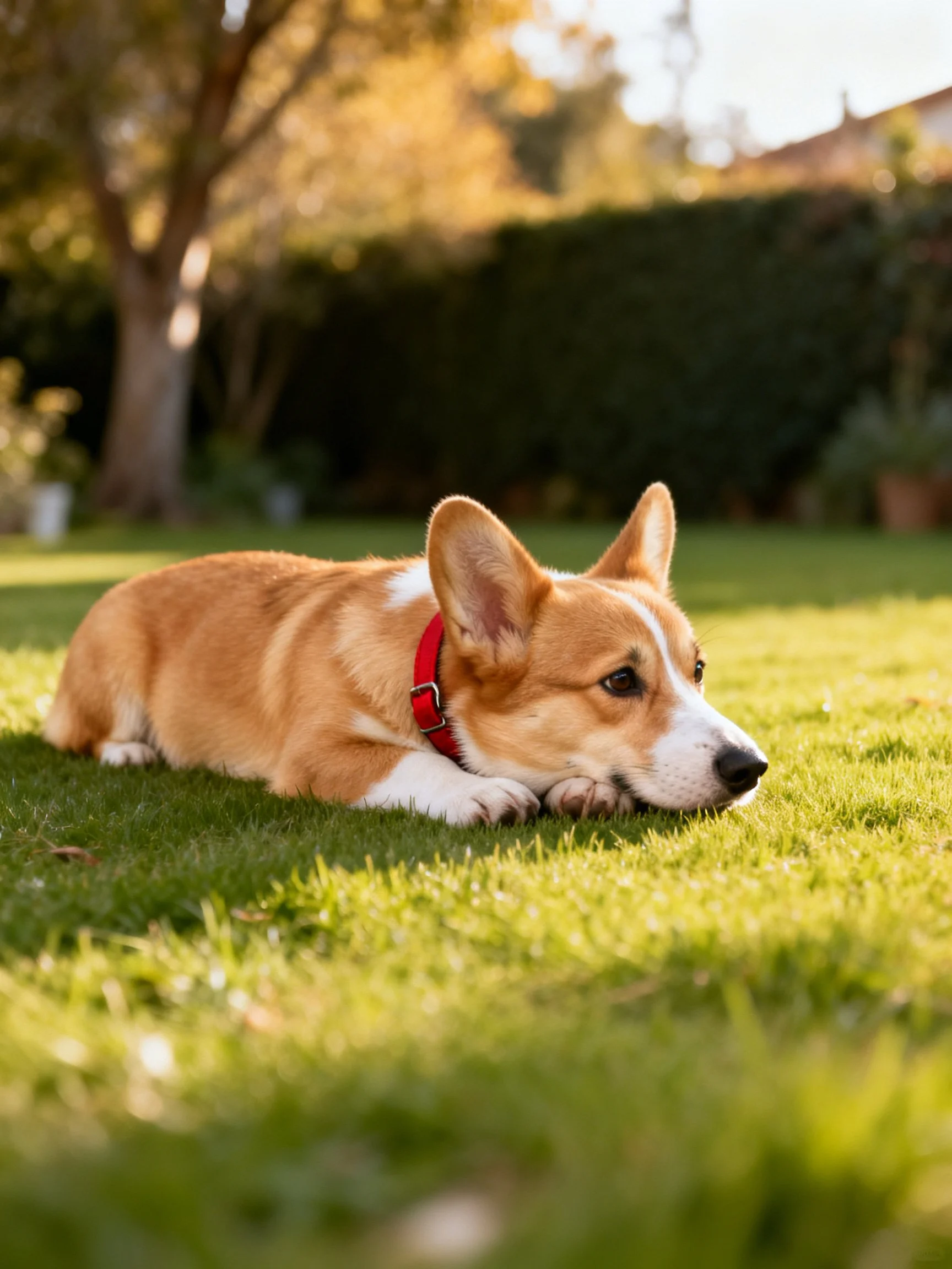 Tan and white corgi resting on sunlit green lawn