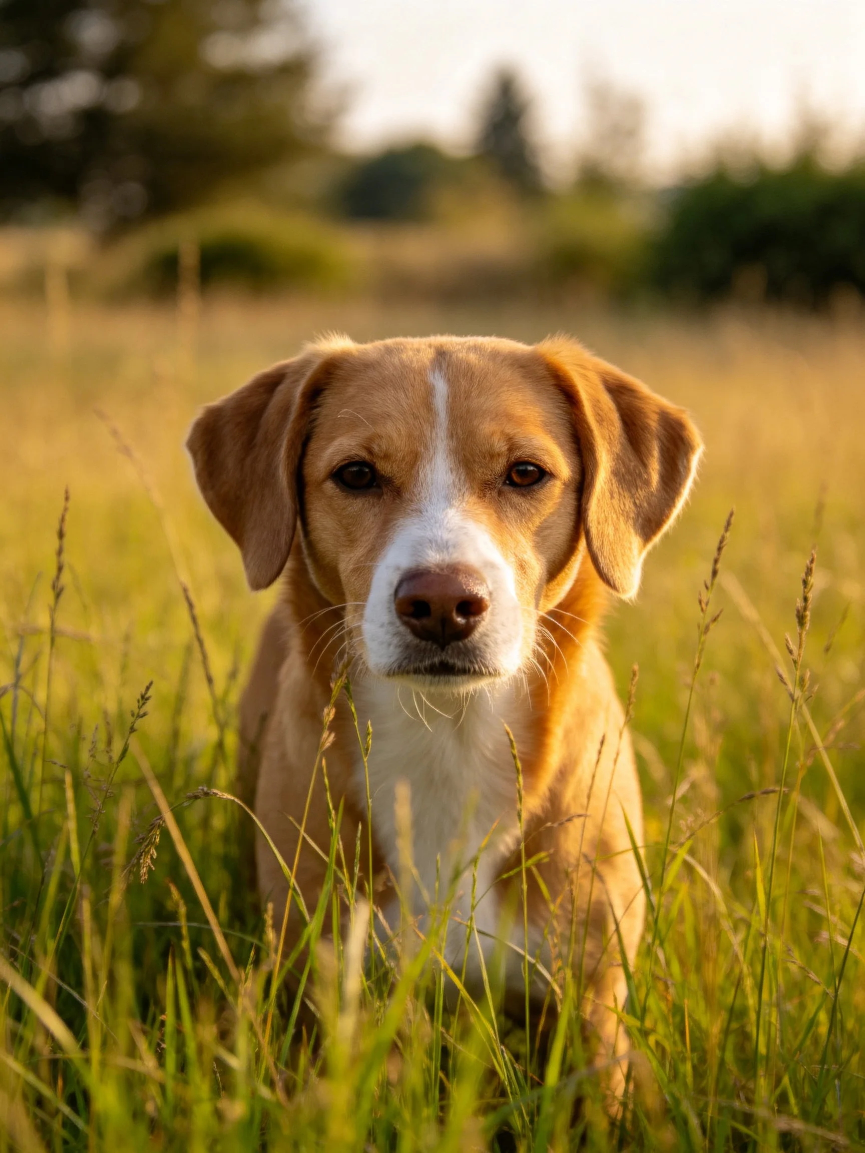 Tan and white dog amidst tall golden grass with soft lighting