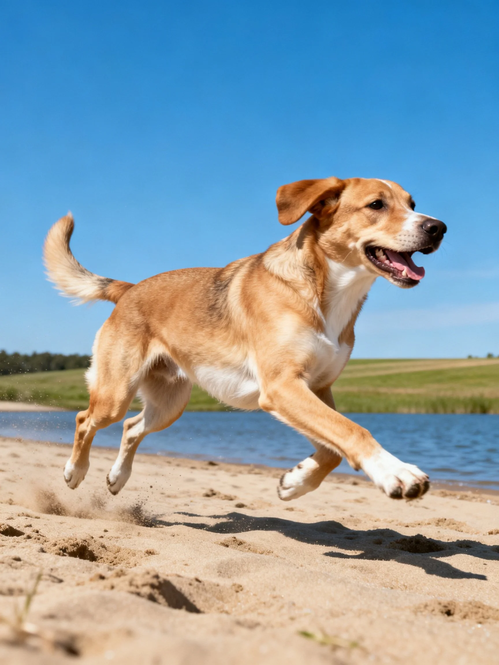 Tan and white dog leaping on sandy beach