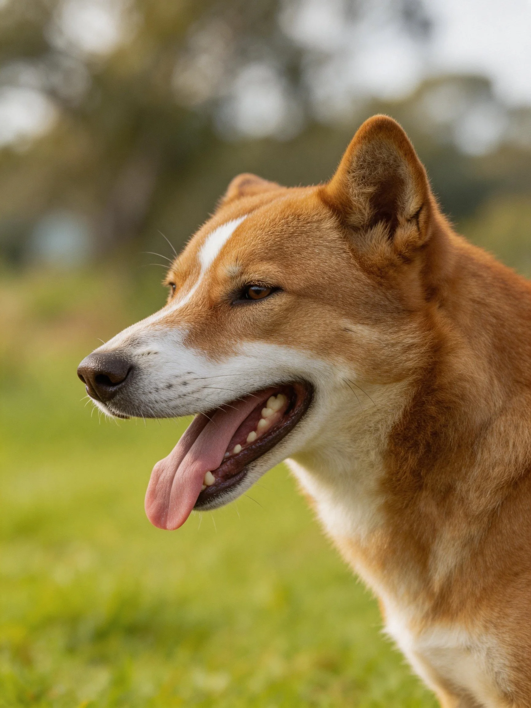 Tan and white dog panting in a sunny grassy landscape