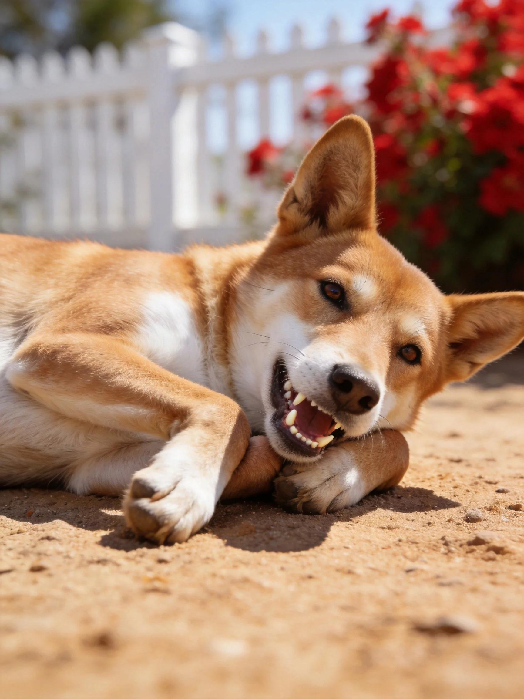 Tan and white dog relaxing on sandy ground near white fence
