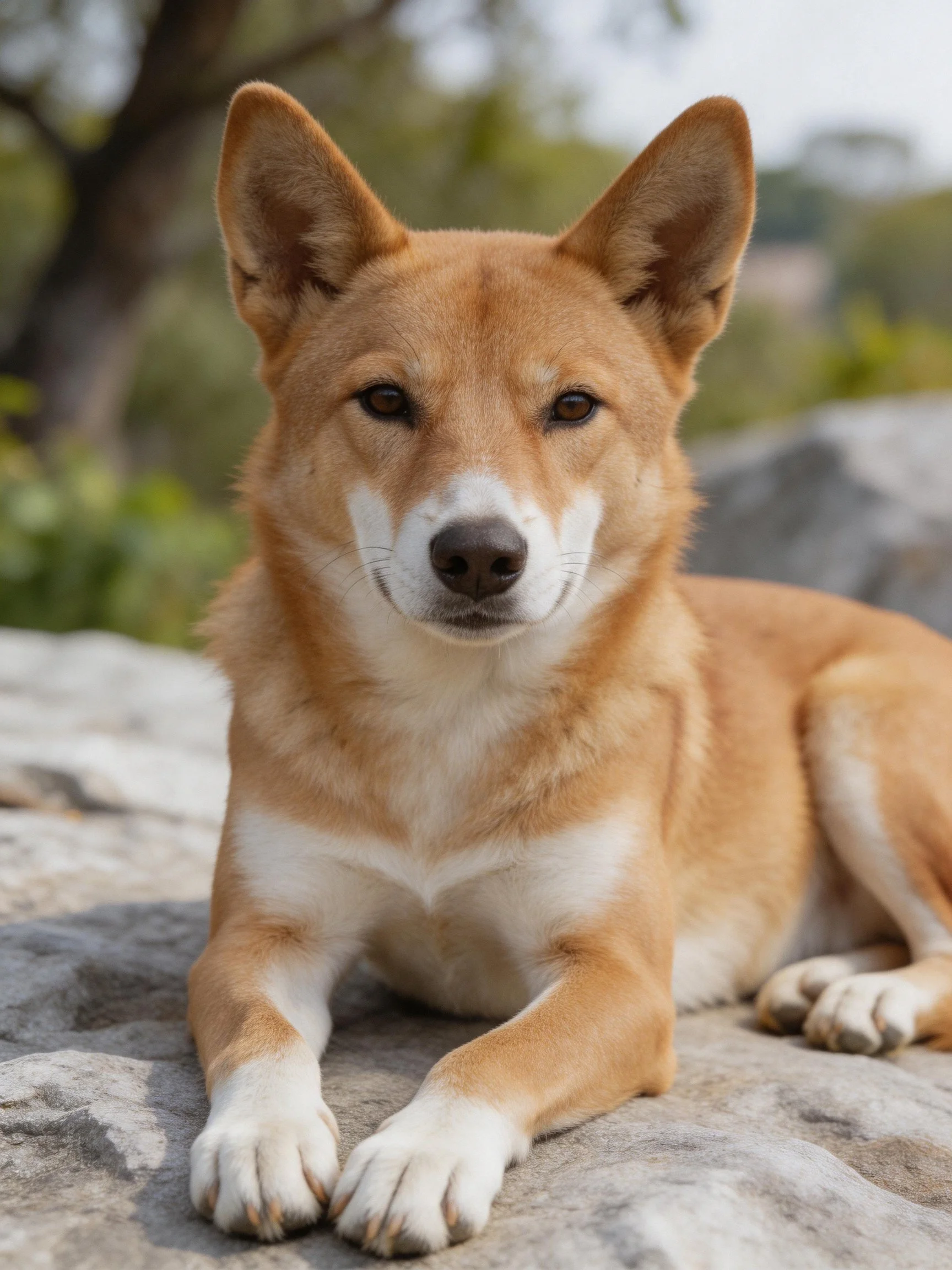 A tan and white dog relaxes on rocks in a natural outdoor setting.