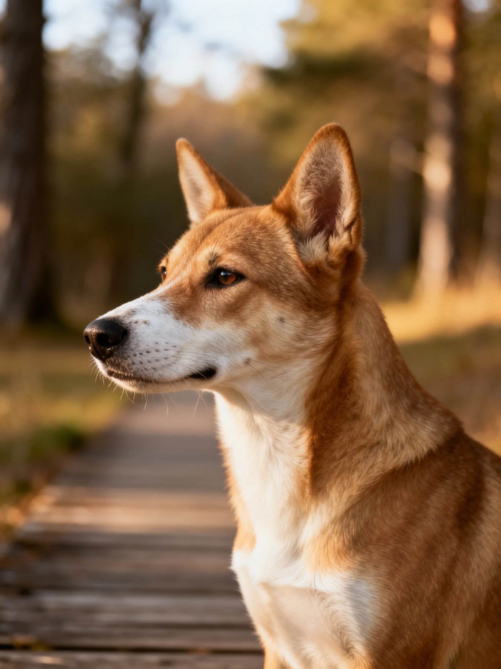 Tan and white dog sitting alertly on a wooden path in sunlit woods