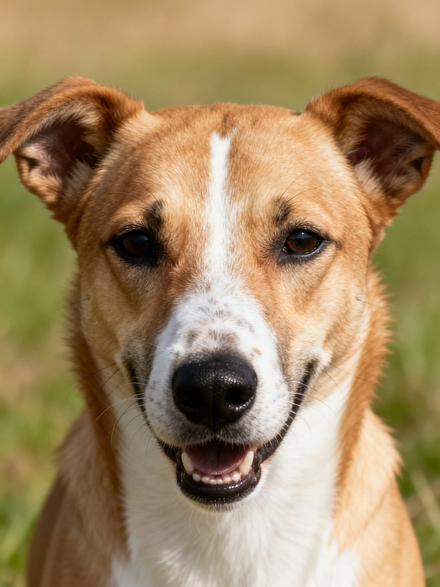 Tan and white dog smiling with perked ears outdoors